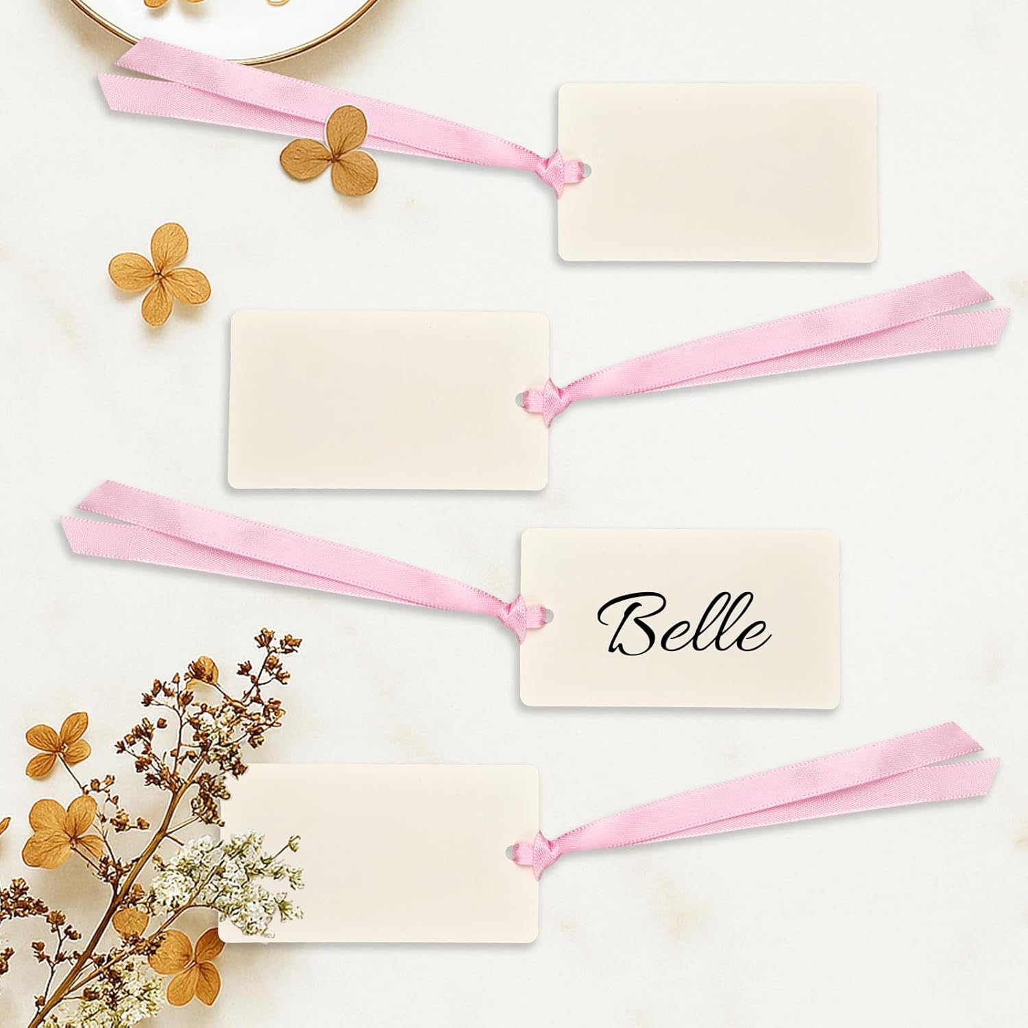 50 Pcs Blank Name Place Cards with Satin Ribbon Pink