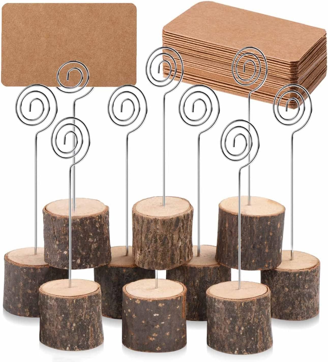 Senover 10pc Place Card Holders with 20pcs Cards Rustic Wood Base