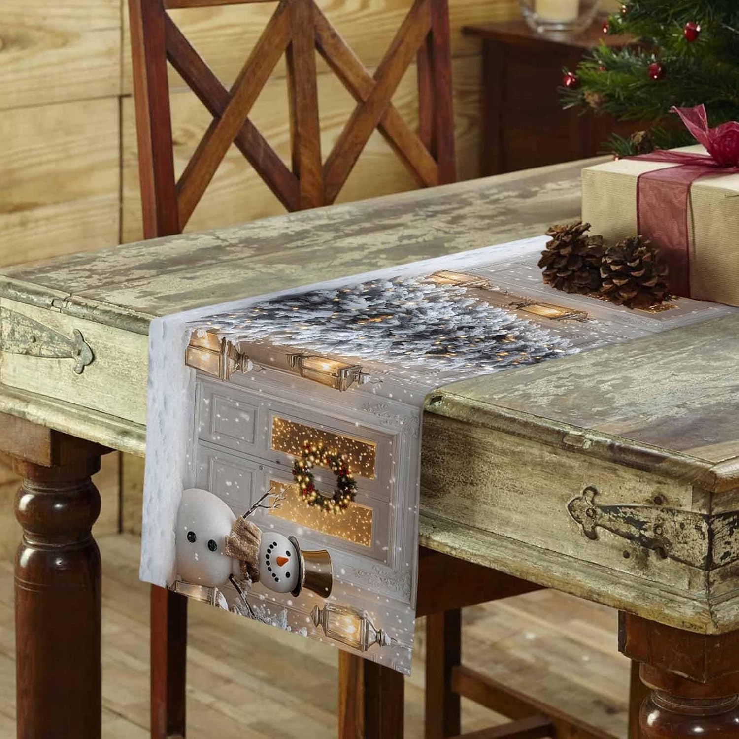 IDOWMAT Merry Xmas Snowman Pine Tree Table Runner