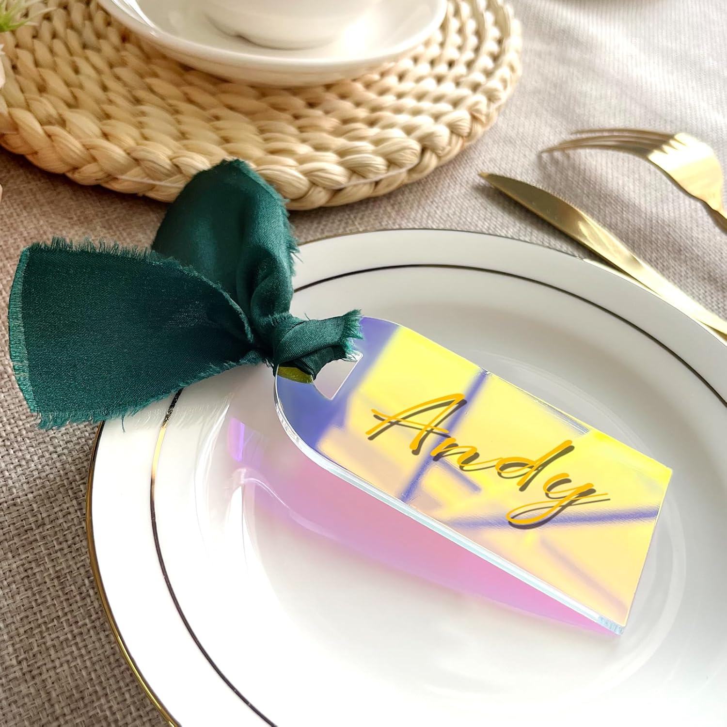 10PCS Iridescent Acrylic Place Cards with Ribbon