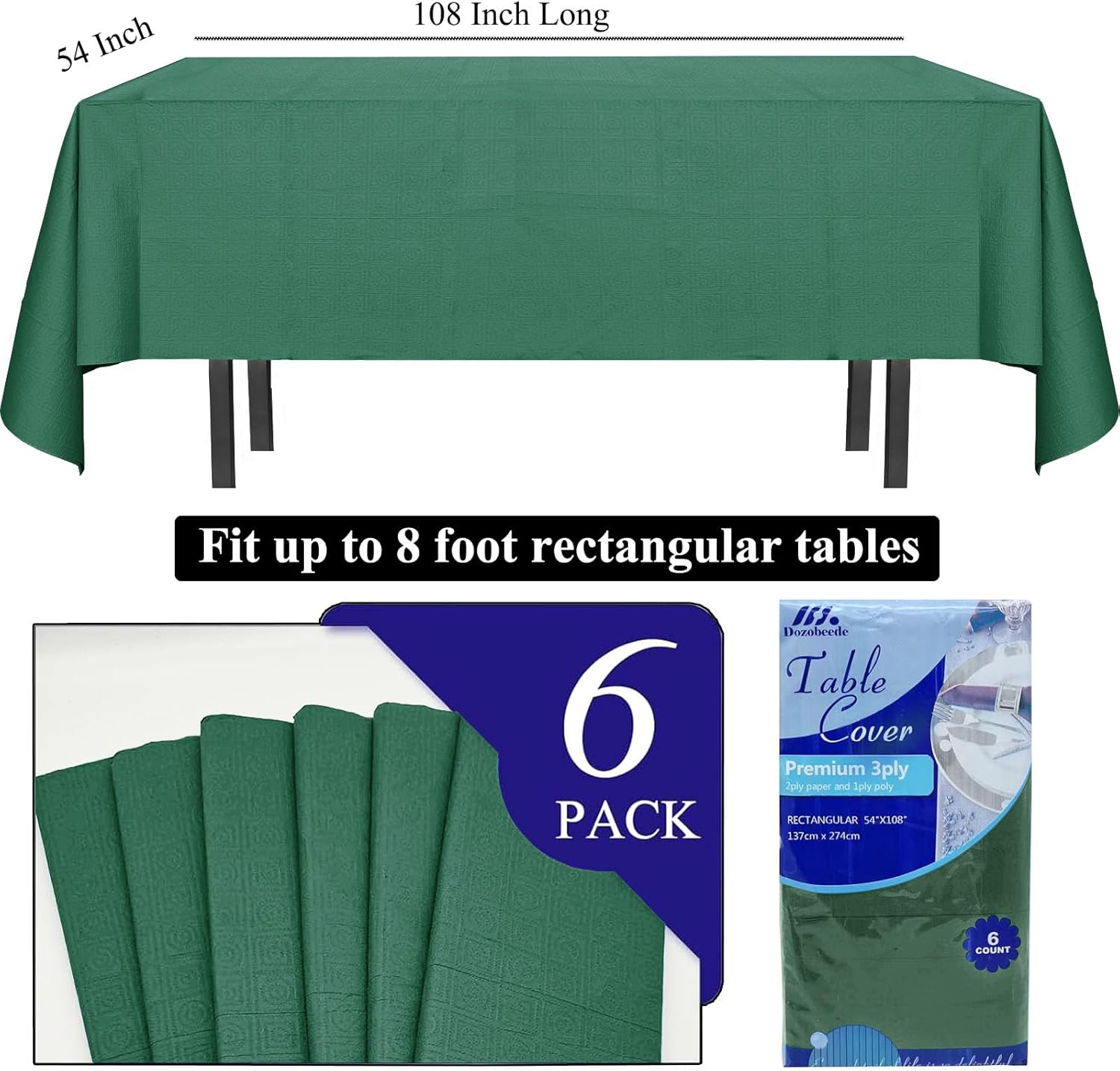 6 Pack Dark Green Paper Tablecloth for Rectangle Tables 54x108 Inch