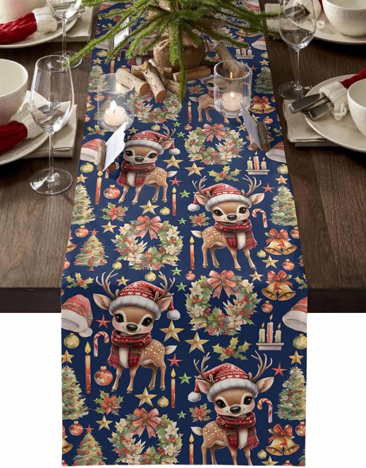Navy Blue Reindeer Table Runner Garland for Holiday Decor