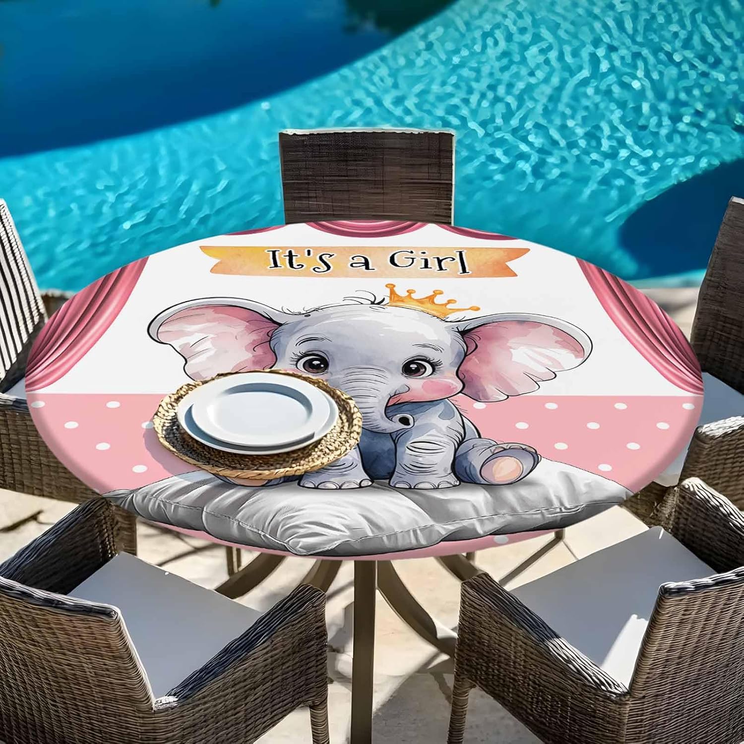 Pink Elephant Tablecloth with Elastic Cover for 36-44 Inch Tables