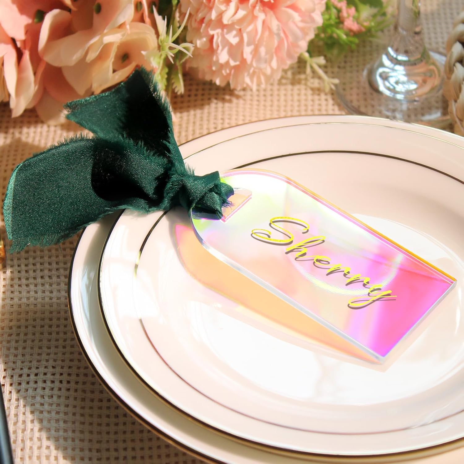 10PCS Iridescent Acrylic Place Cards with Ribbon