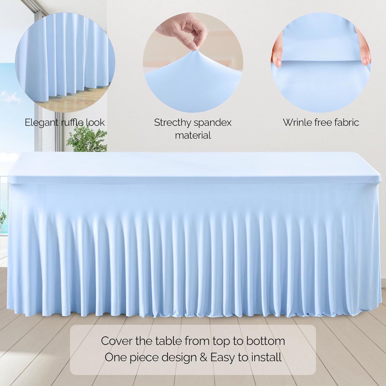 2 Pack Baby Blue Spandex Tablecloths for 6 Foot Rectangle Tables
