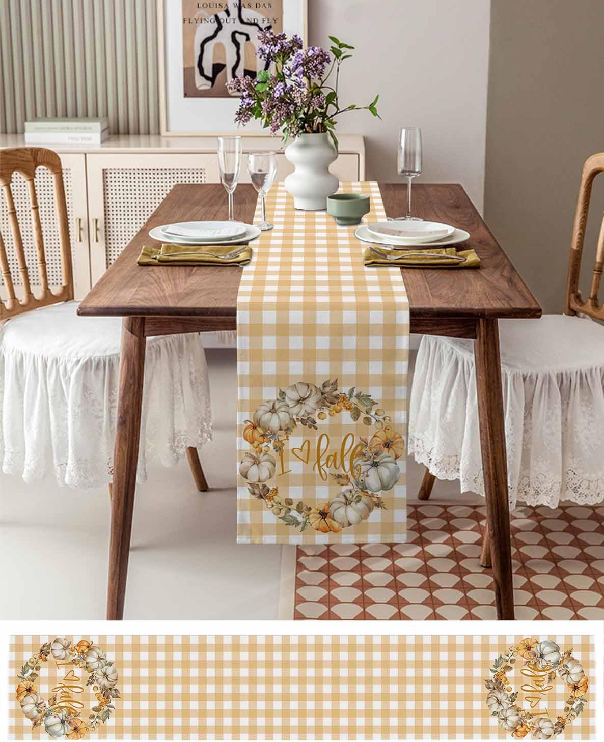 Thanksgiving Fall Pumpkin Berry Garland Table Runner 60 Inch Linen Cotton