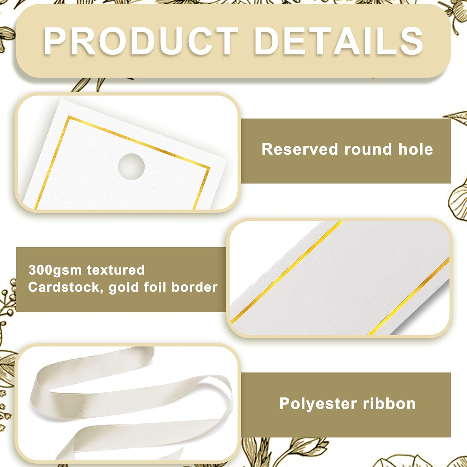 50 Pcs Gold Foil Name Place Cards with Ribbon for Events