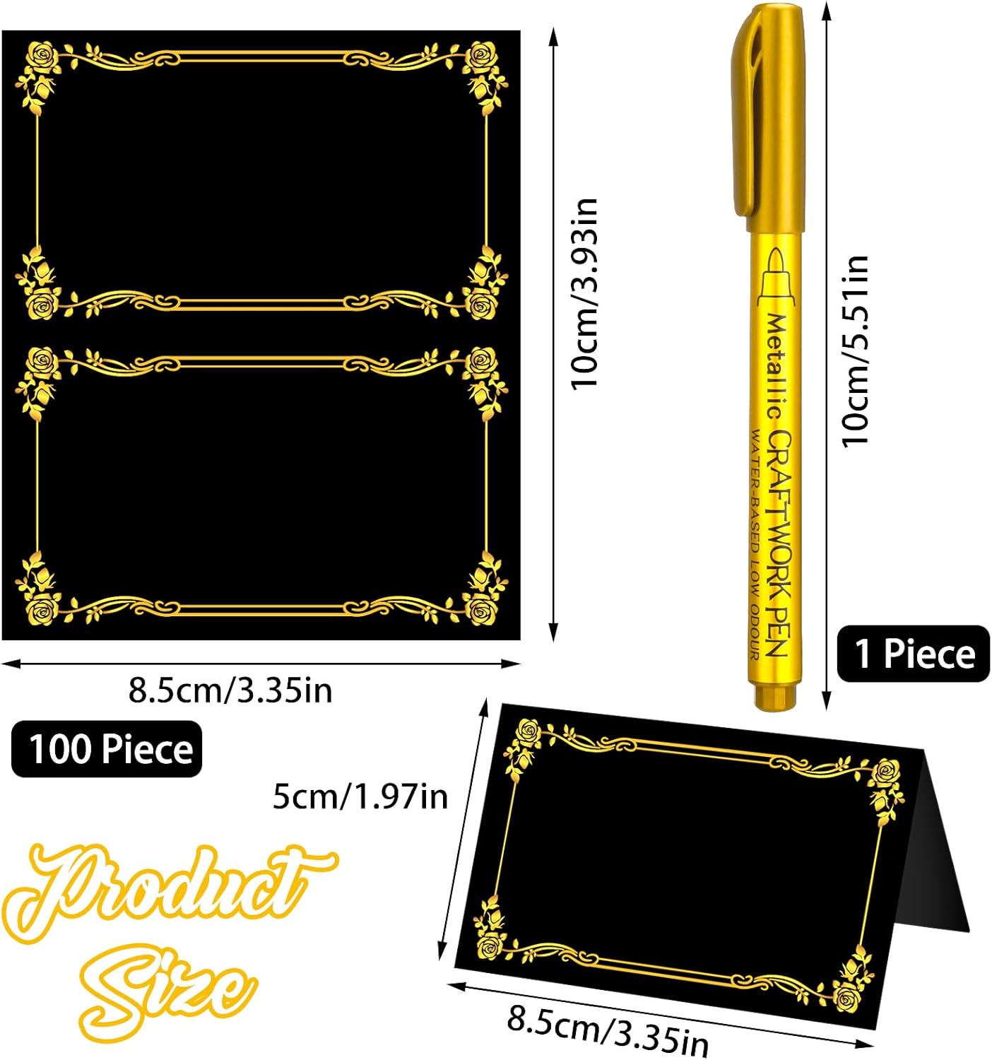 100 Pcs Black Place Cards with Gold Pen for Weddings