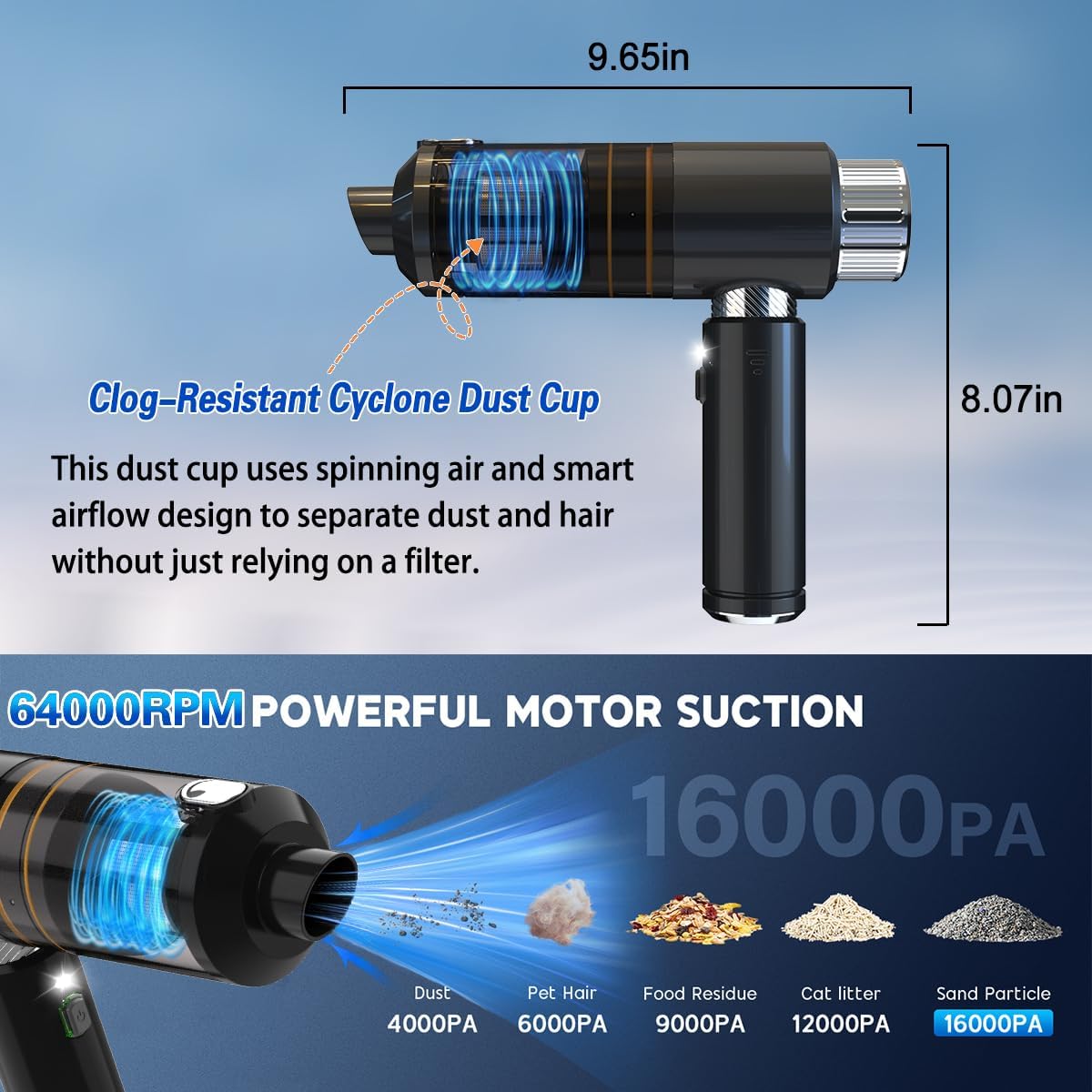 Handheld Car Cleaner with Brushless Motor and 16000PA Suction Power