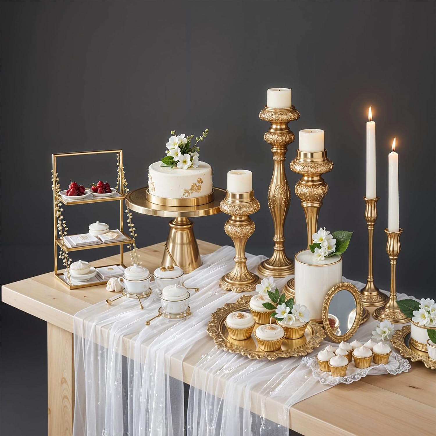 Set of 2 White Chiffon Table Runners with Glitter Sequins and Pearls