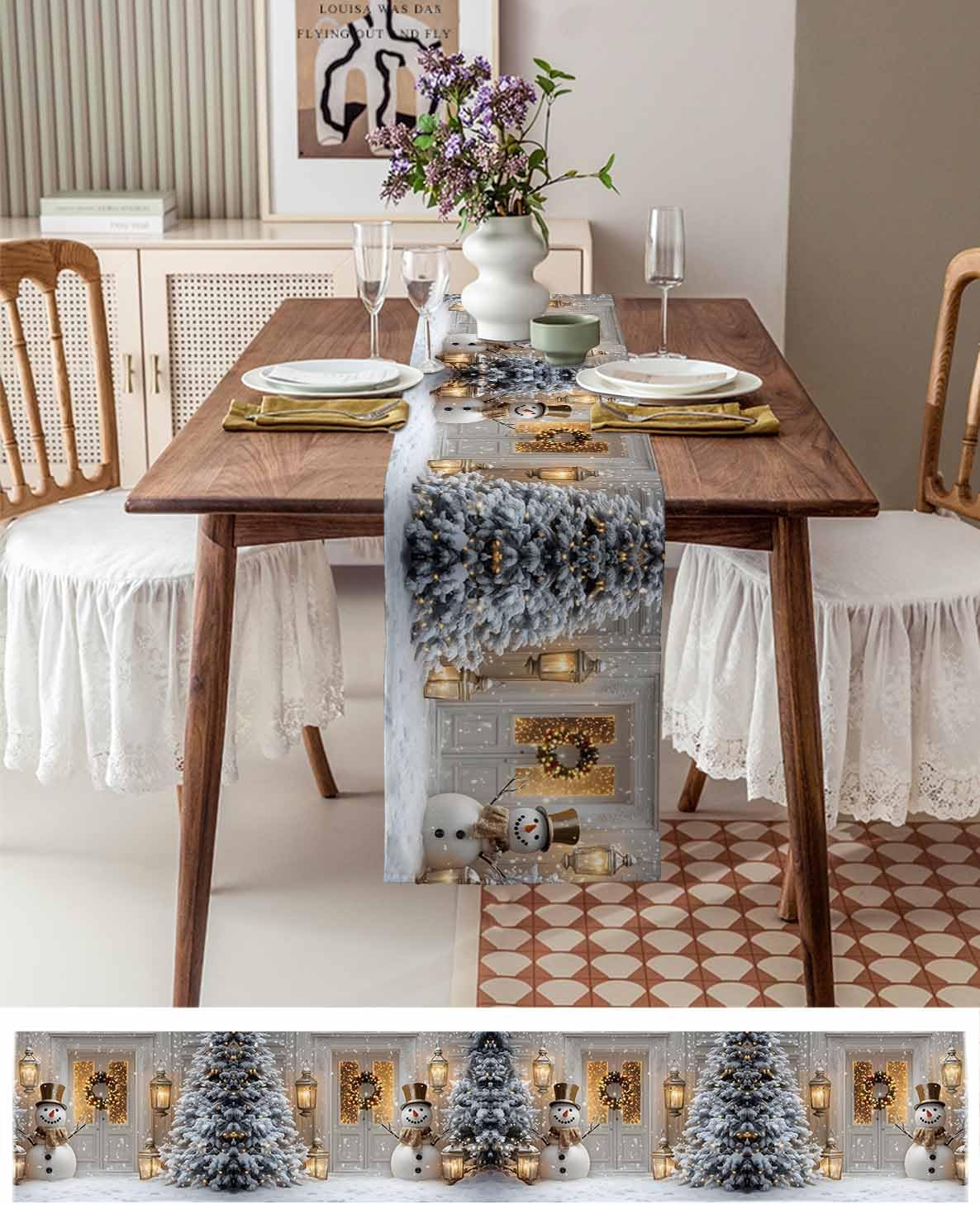 IDOWMAT Merry Xmas Snowman Pine Tree Table Runner