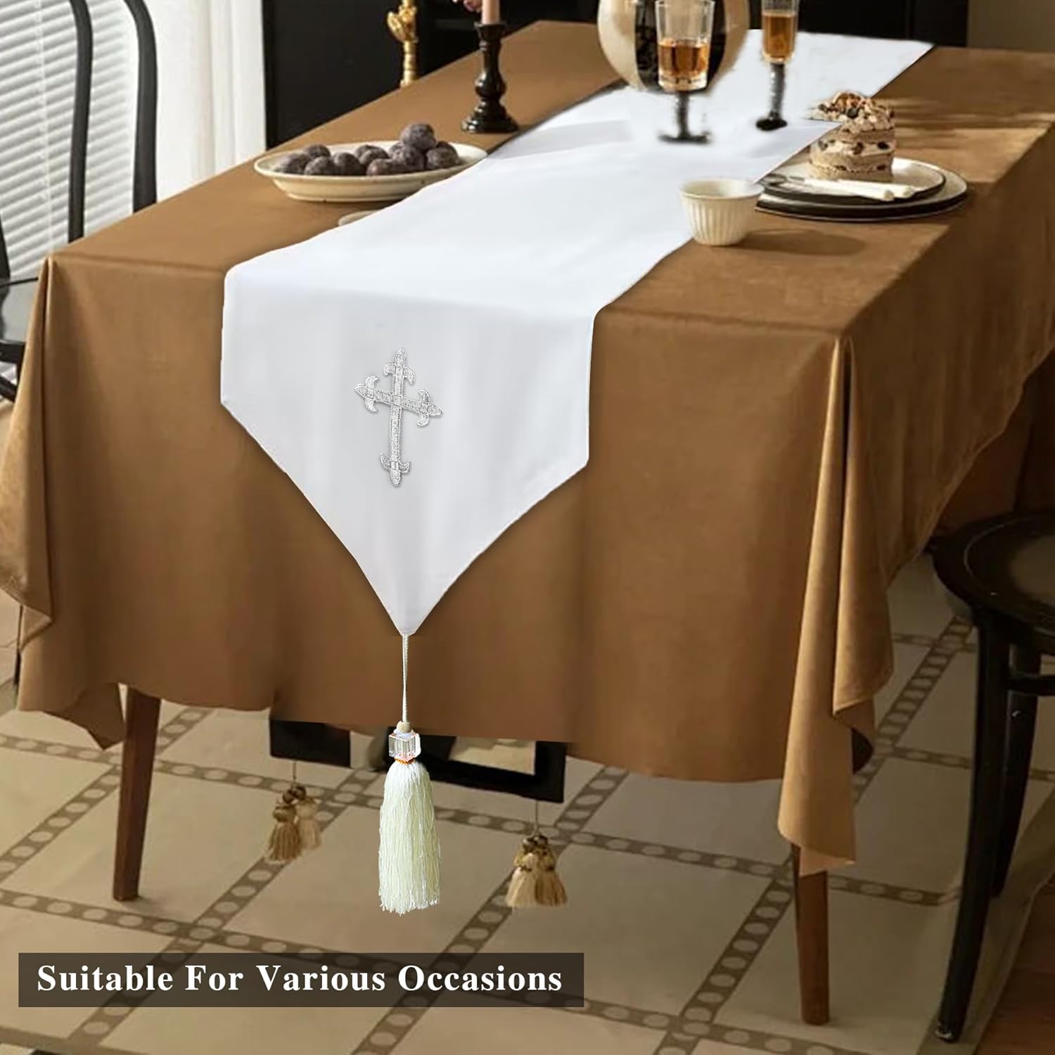 Ohmique White Communion Table Runner with Cross Embroidery