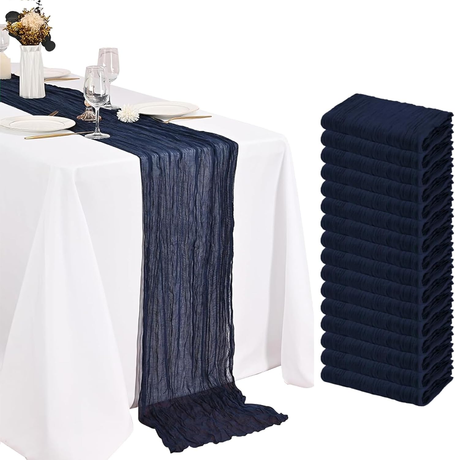 16 Pack Navy Blue Cheesecloth Table Runners 10FT