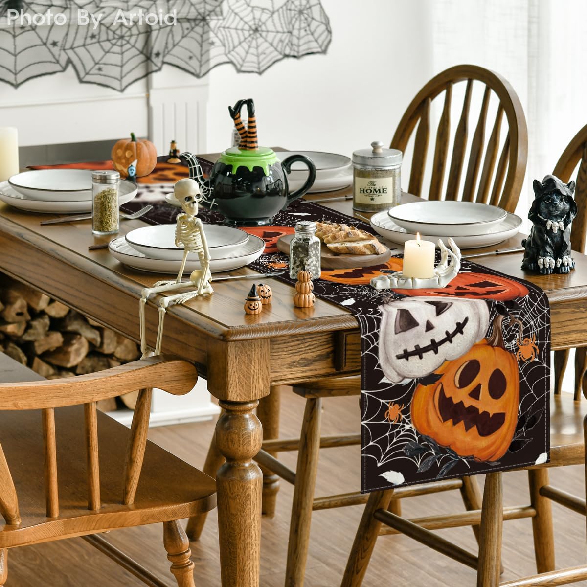 Artoid Mode Black Pumpkins Spider Web Halloween Table Runner 13x72 Inch