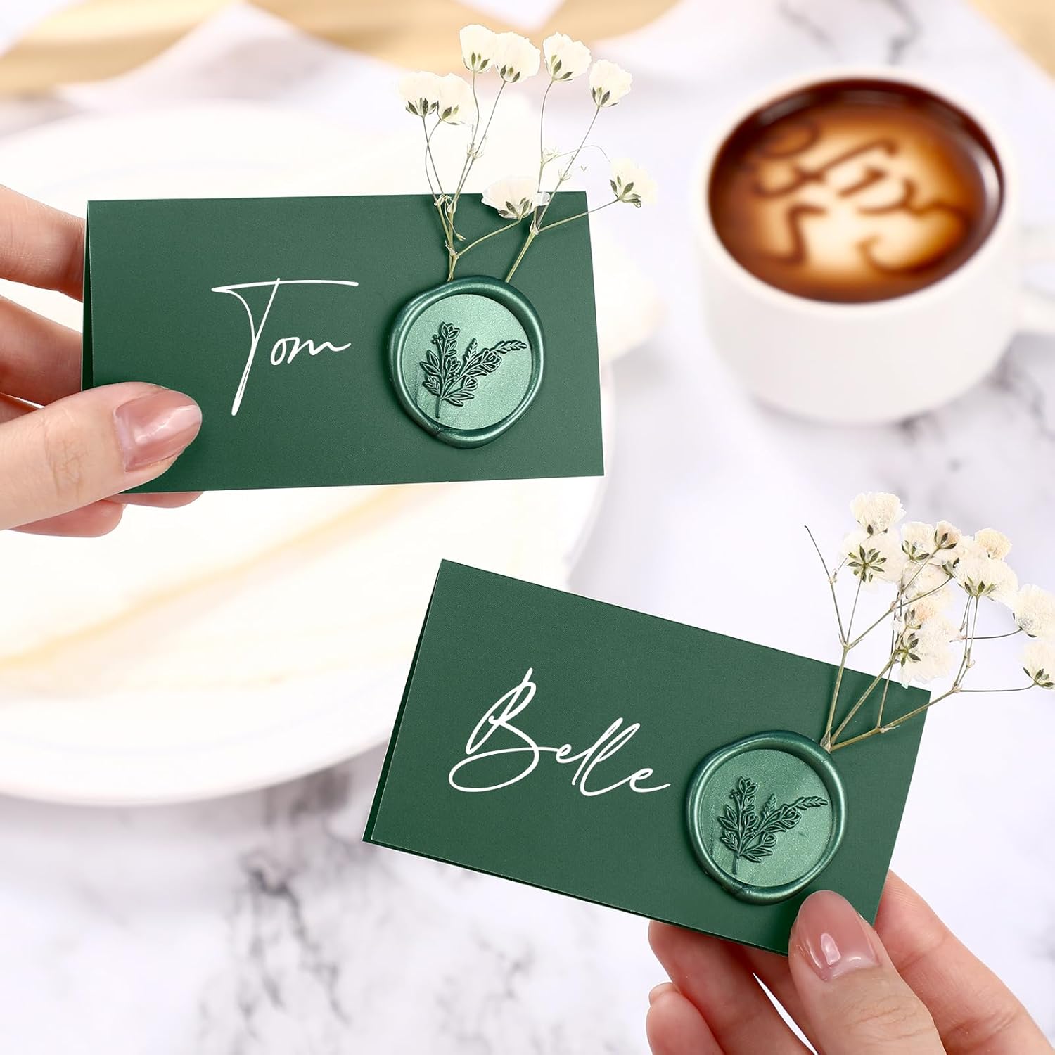 50 Pack Forest Green Wax Seal Place Cards with Babys Breath Flowers