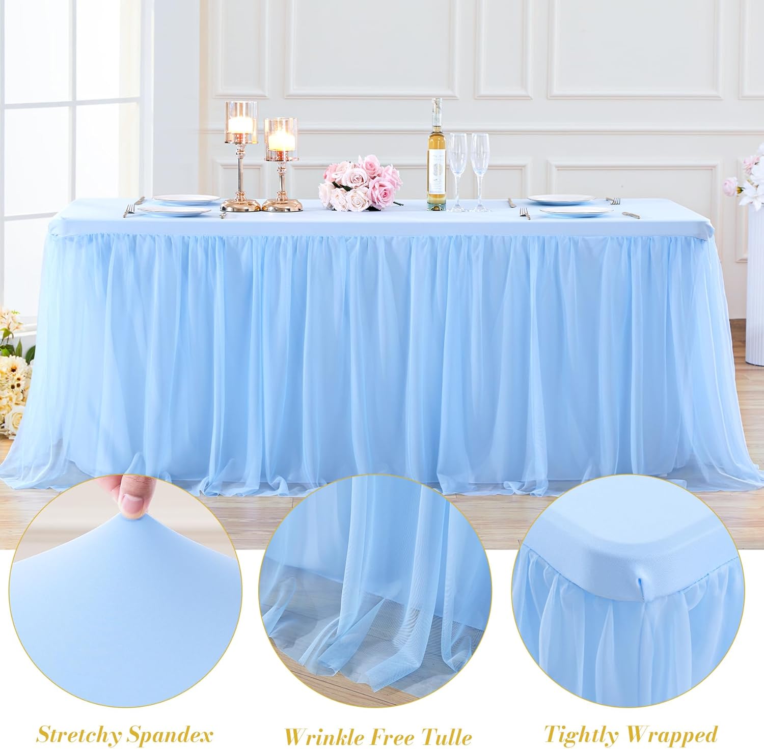 Tao-Ge Baby Blue Tulle Tablecloth for 6ft Rectangle Tables