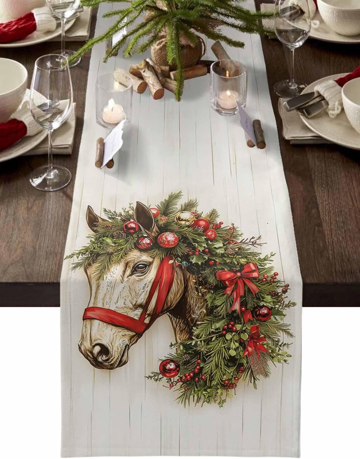 Merry Christmas Horse Garland Linen Table Runner