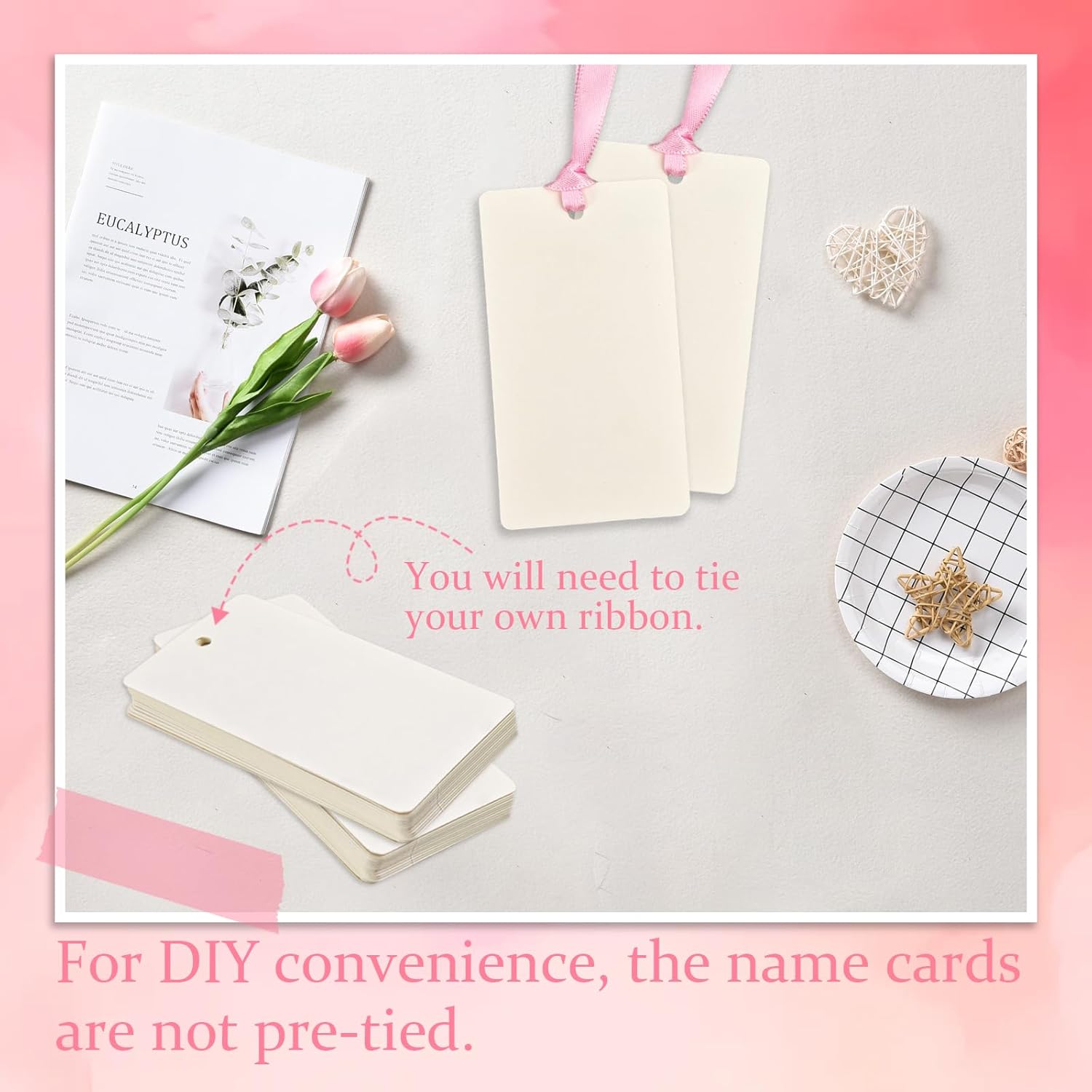 50 Pcs Blank Name Place Cards with Satin Ribbon Pink
