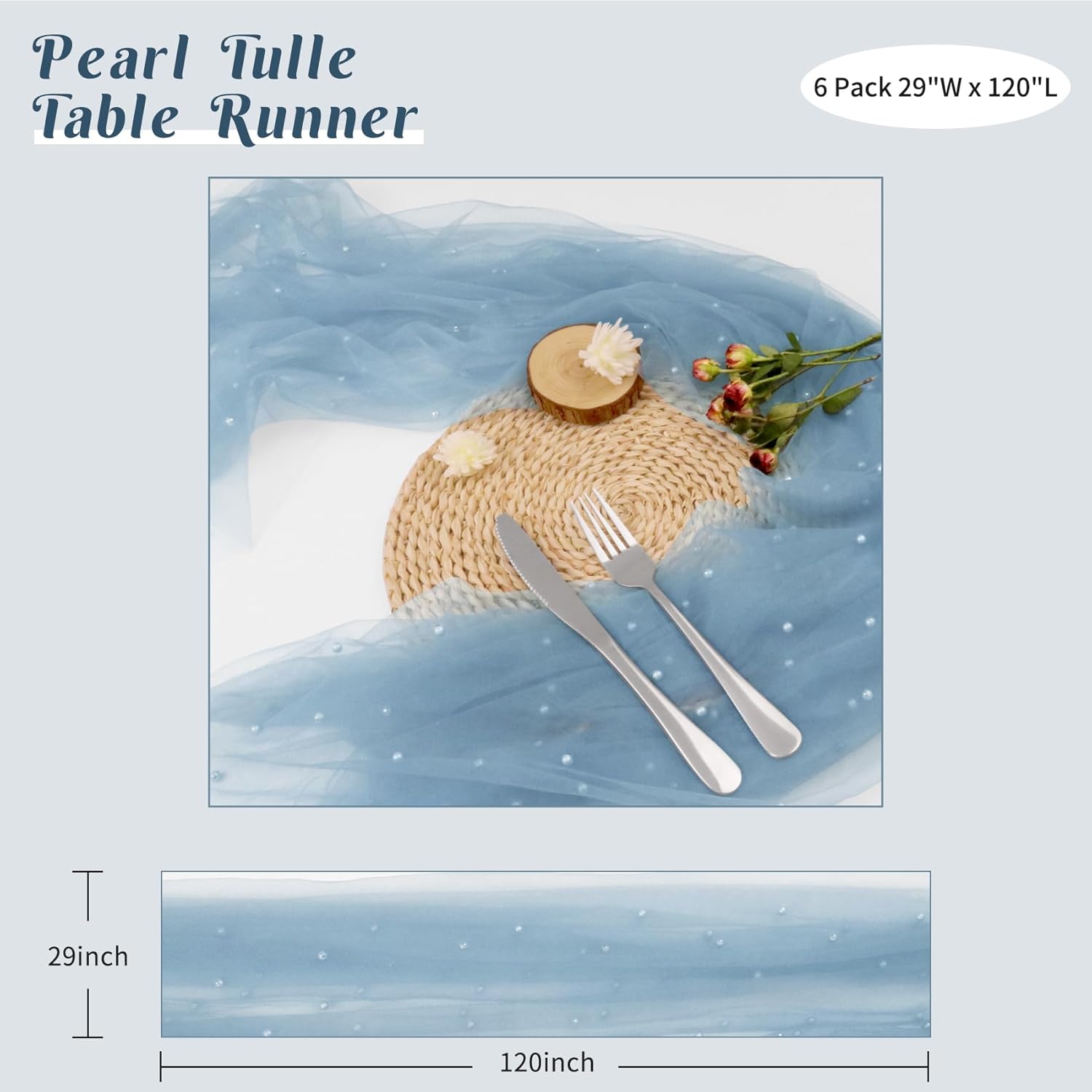 Set of 6 Dusty Blue Pearl Tulle Table Runners