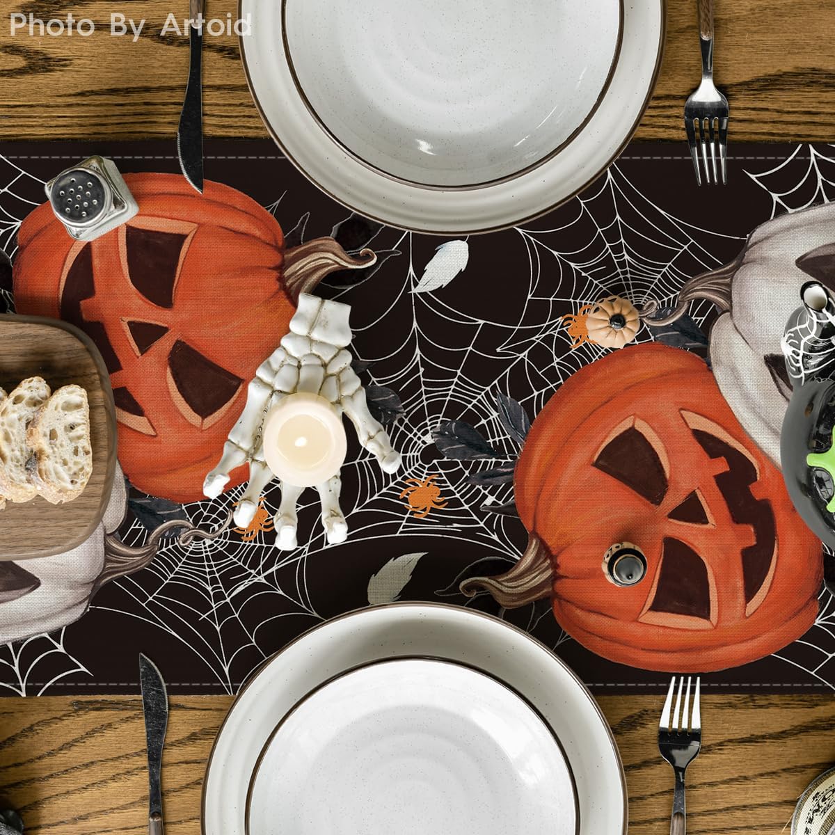 Artoid Mode Black Pumpkins Spider Web Halloween Table Runner 13x72 Inch