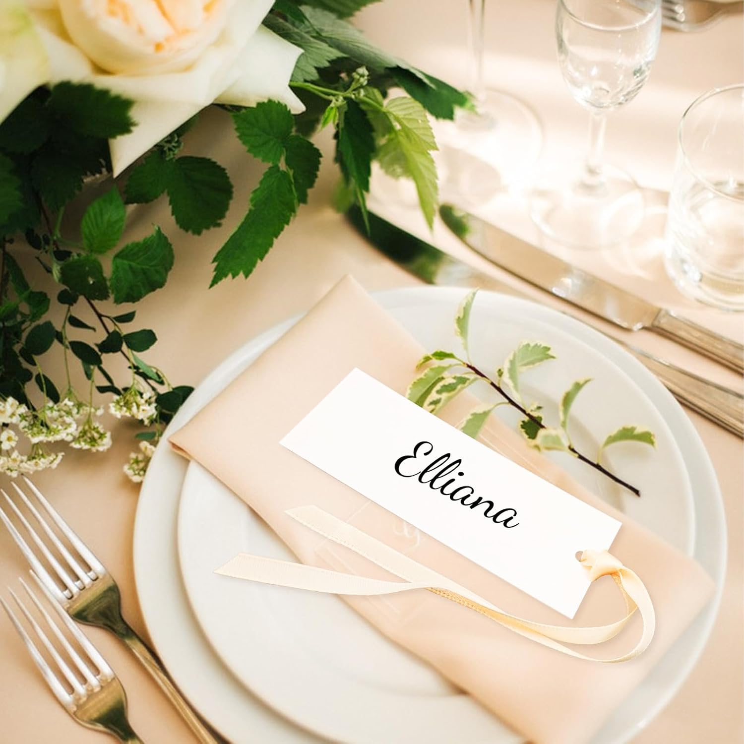 50 Pcs Blank Wedding Place Cards with Slinky Ribbons