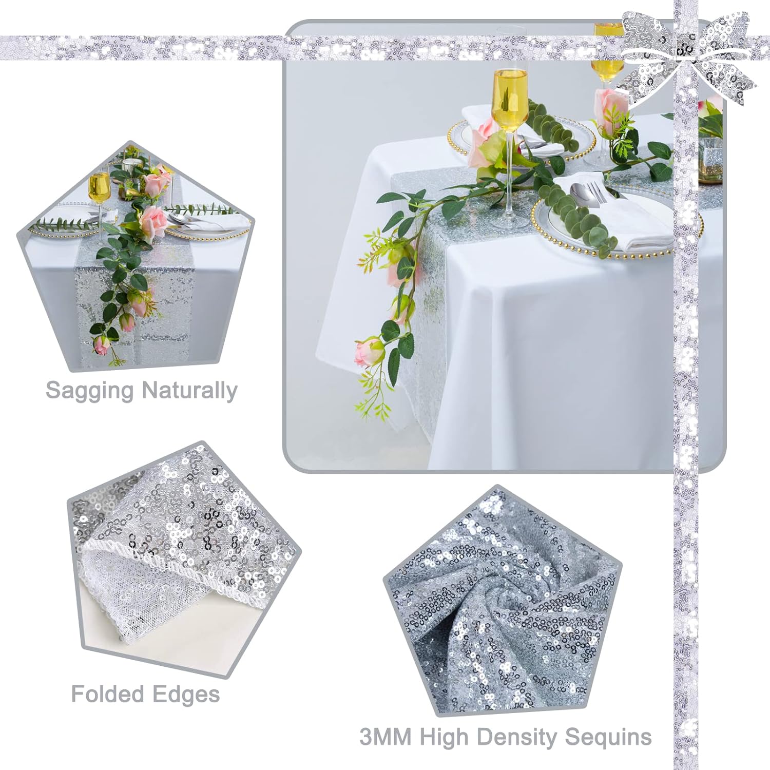 Silver Sequin Table Runner 2 Pack 12x72 Glitter Linen Runner