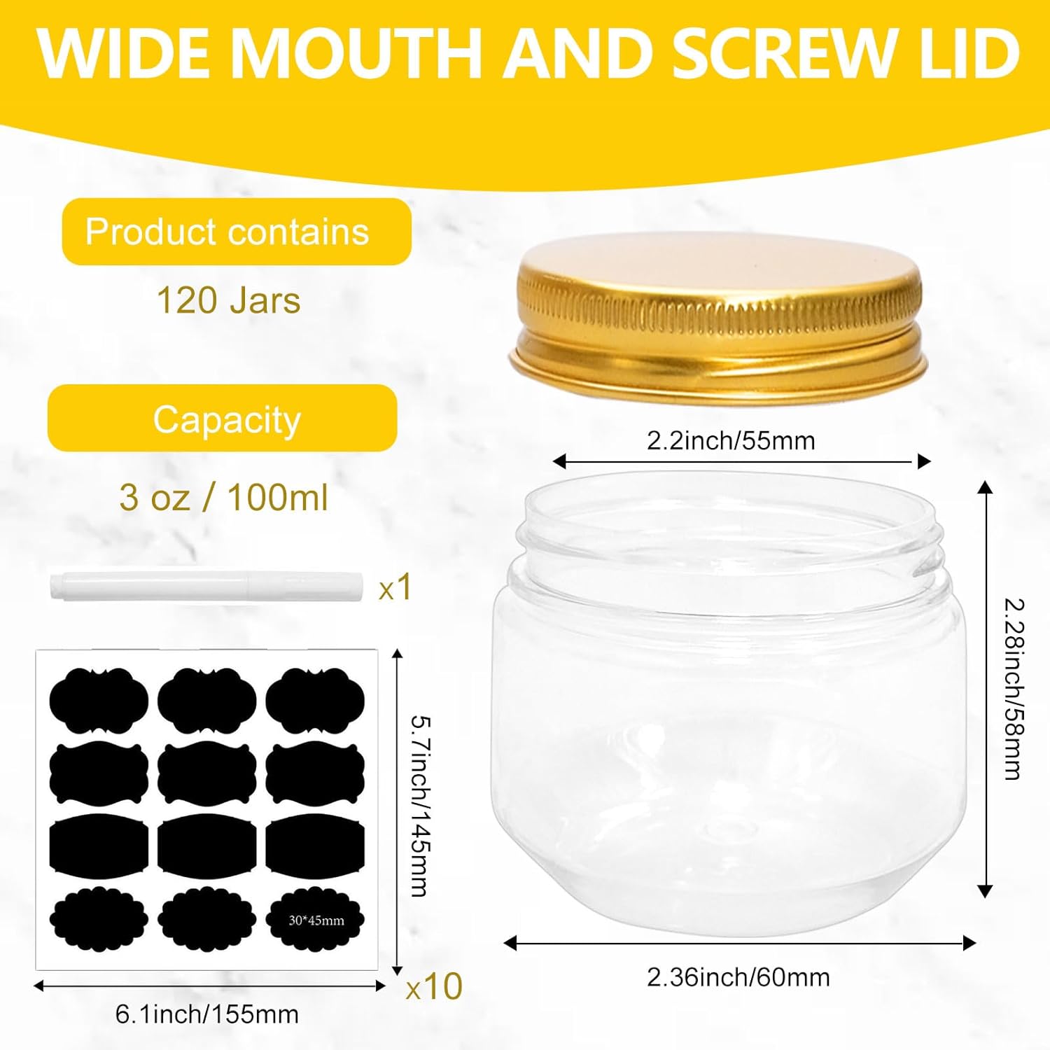 120 Pcs Clear Plastic Jars with Lids and Labels