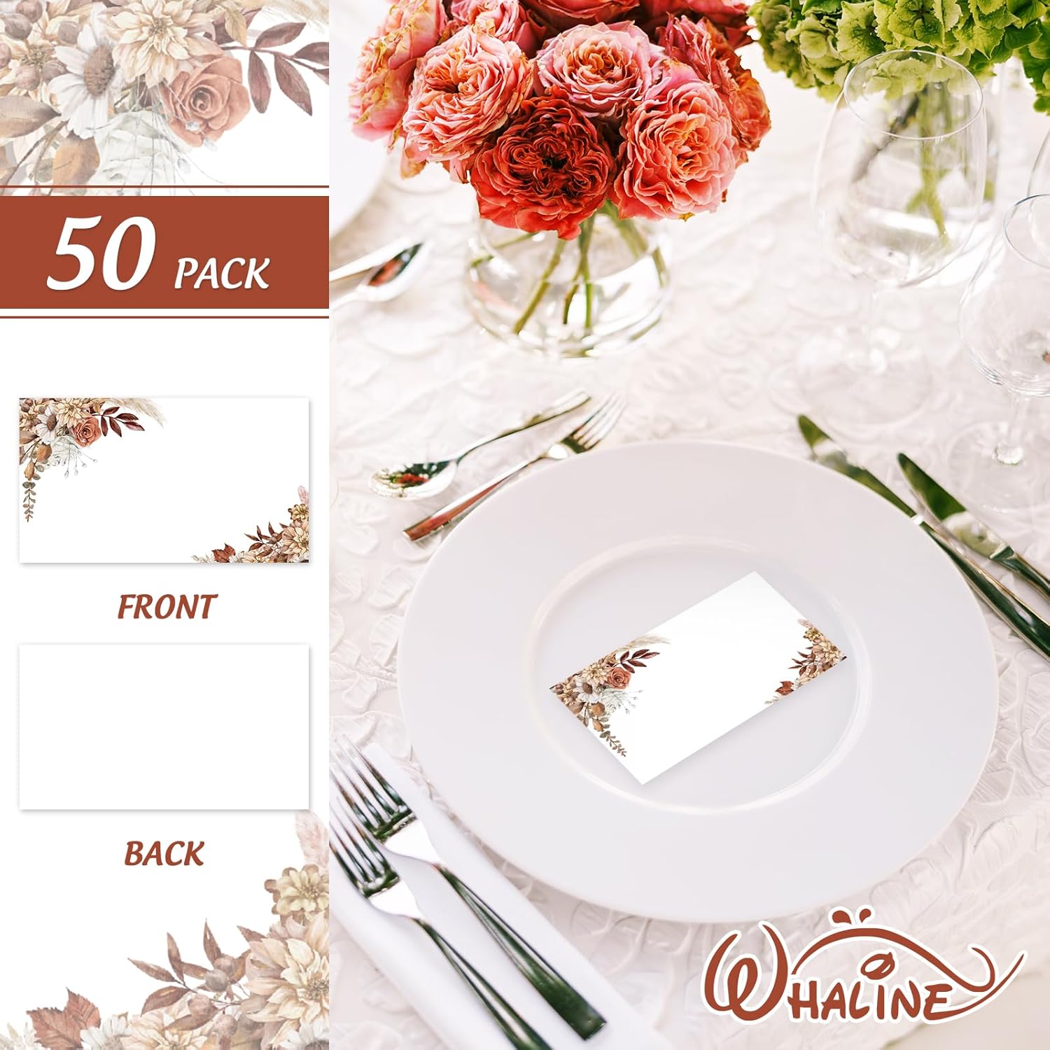 Whaline 50Pcs Floral Tented Place Cards for Weddings and Events