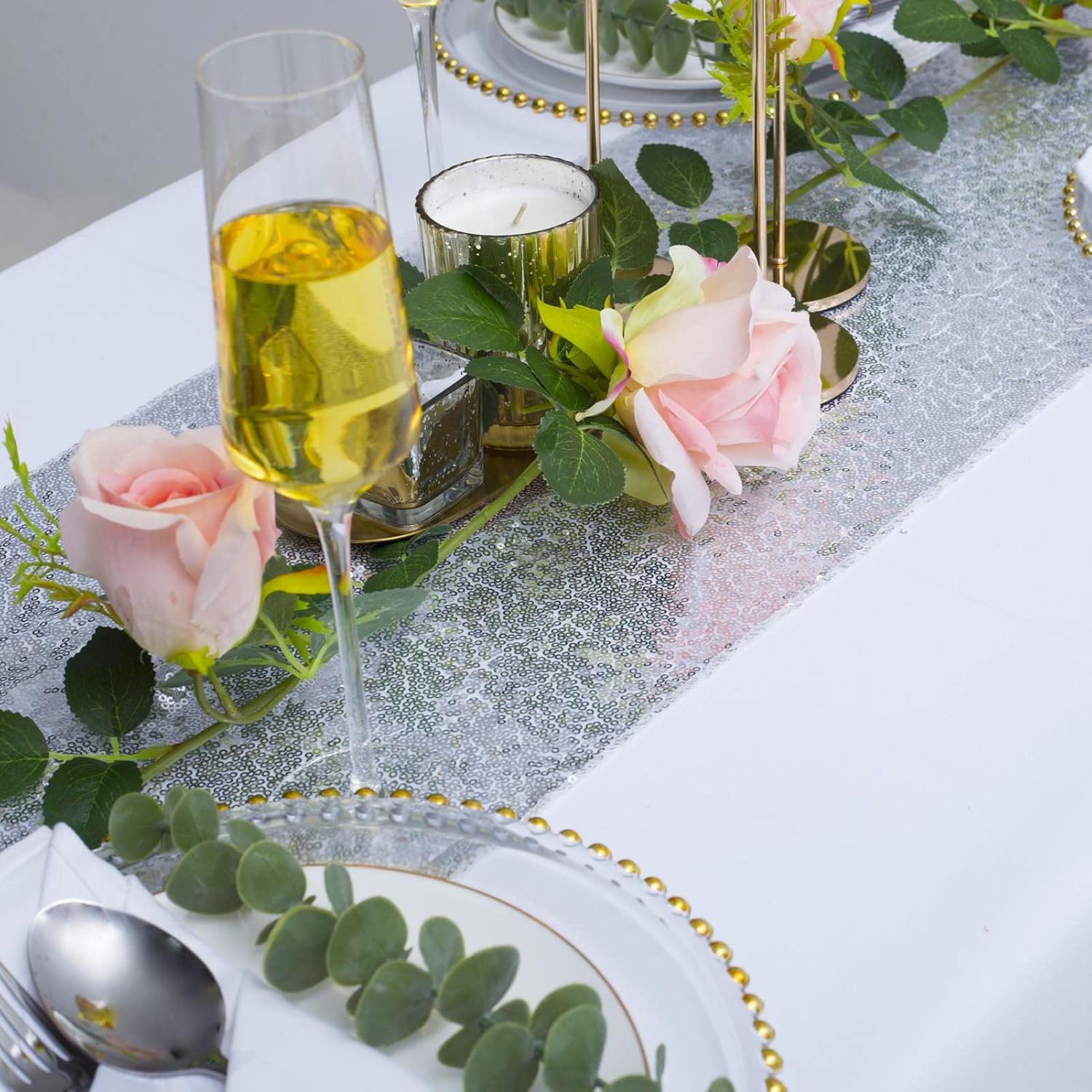 Silver Sequin Table Runner 2 Pack 12x72 Glitter Linen Runner