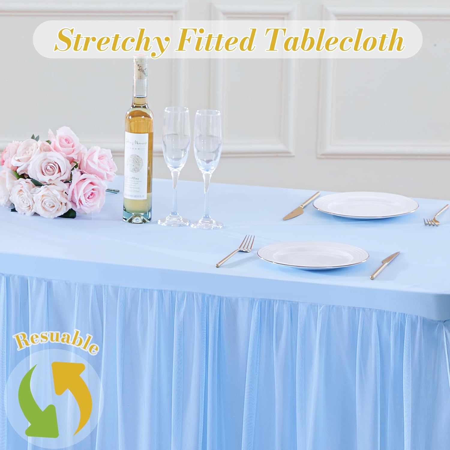 Tao-Ge Baby Blue Tulle Tablecloth for 6ft Rectangle Tables