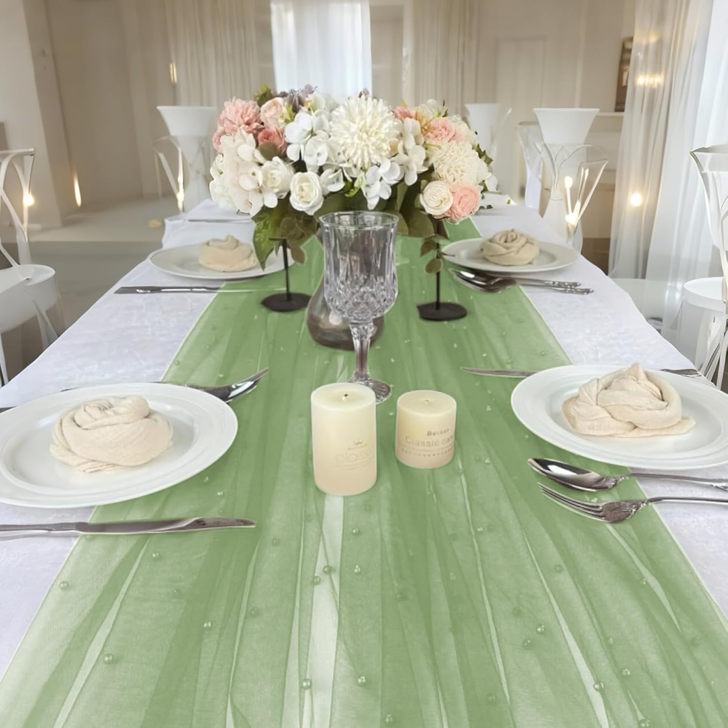 Set of 6 Pearl Table Runner 10ft Table Cloth Green