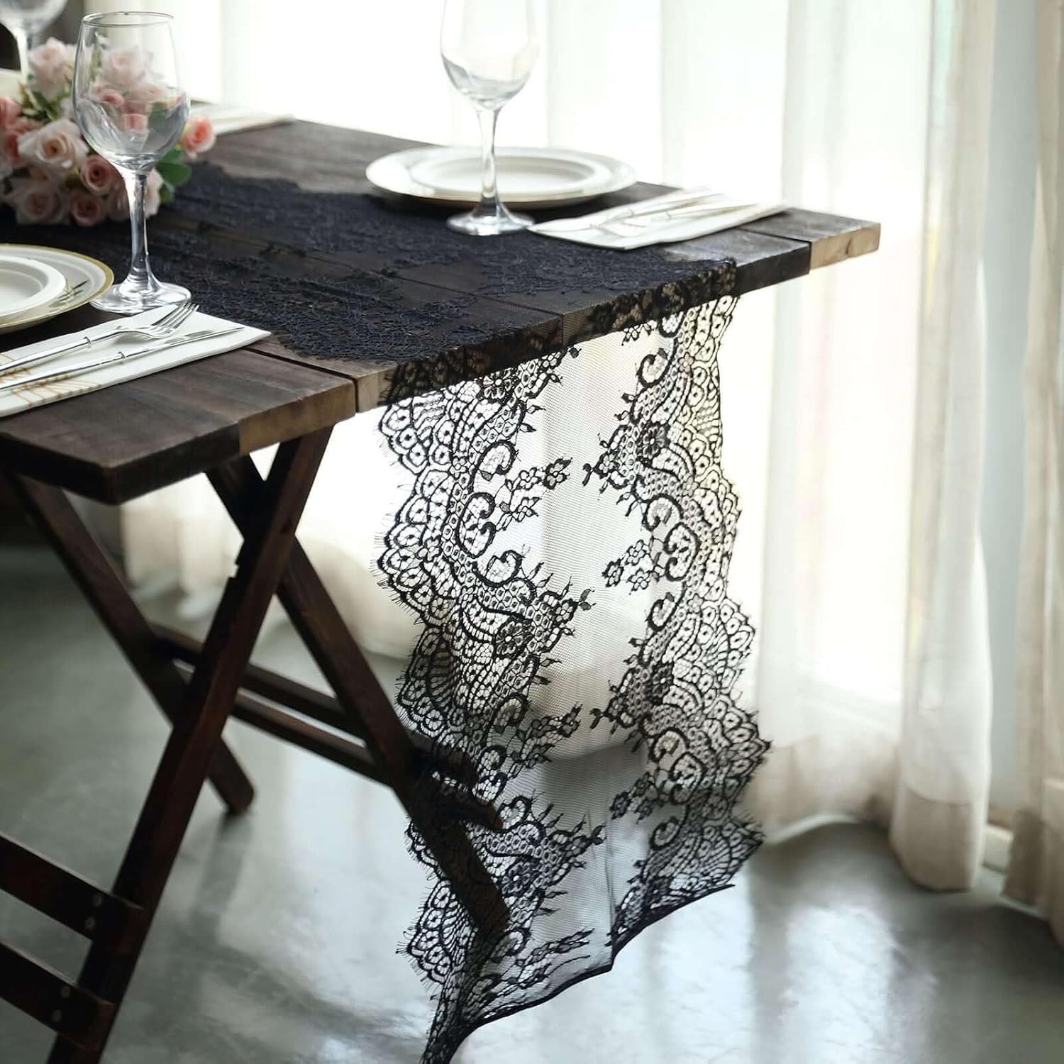 Efavormart Black Premium Lace Table Runner 15x117
