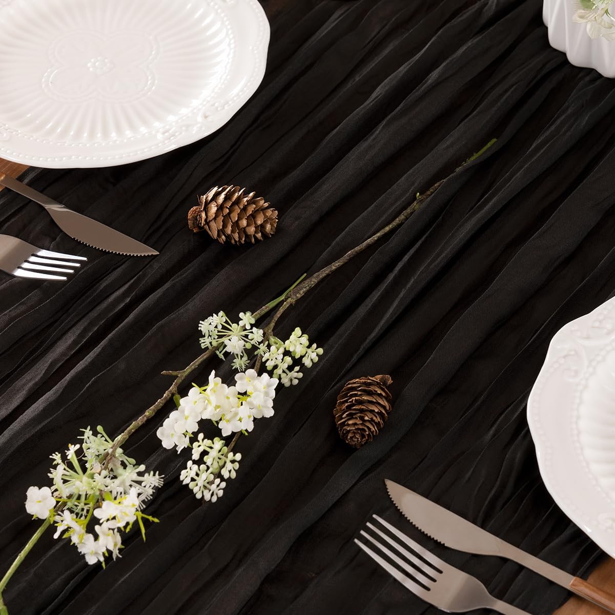 LINXTAR Black Boho Cheesecloth Table Runner 10FT