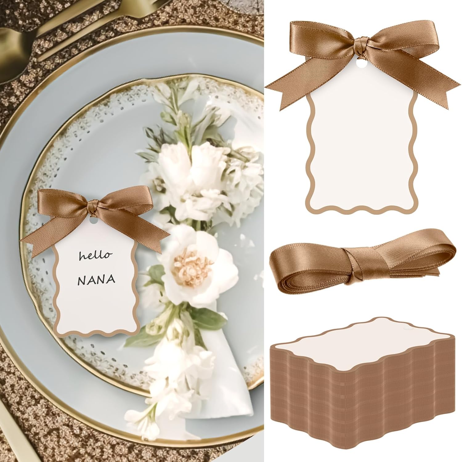 200 Pcs Scallop Name Place Cards with Ribbon for Weddings