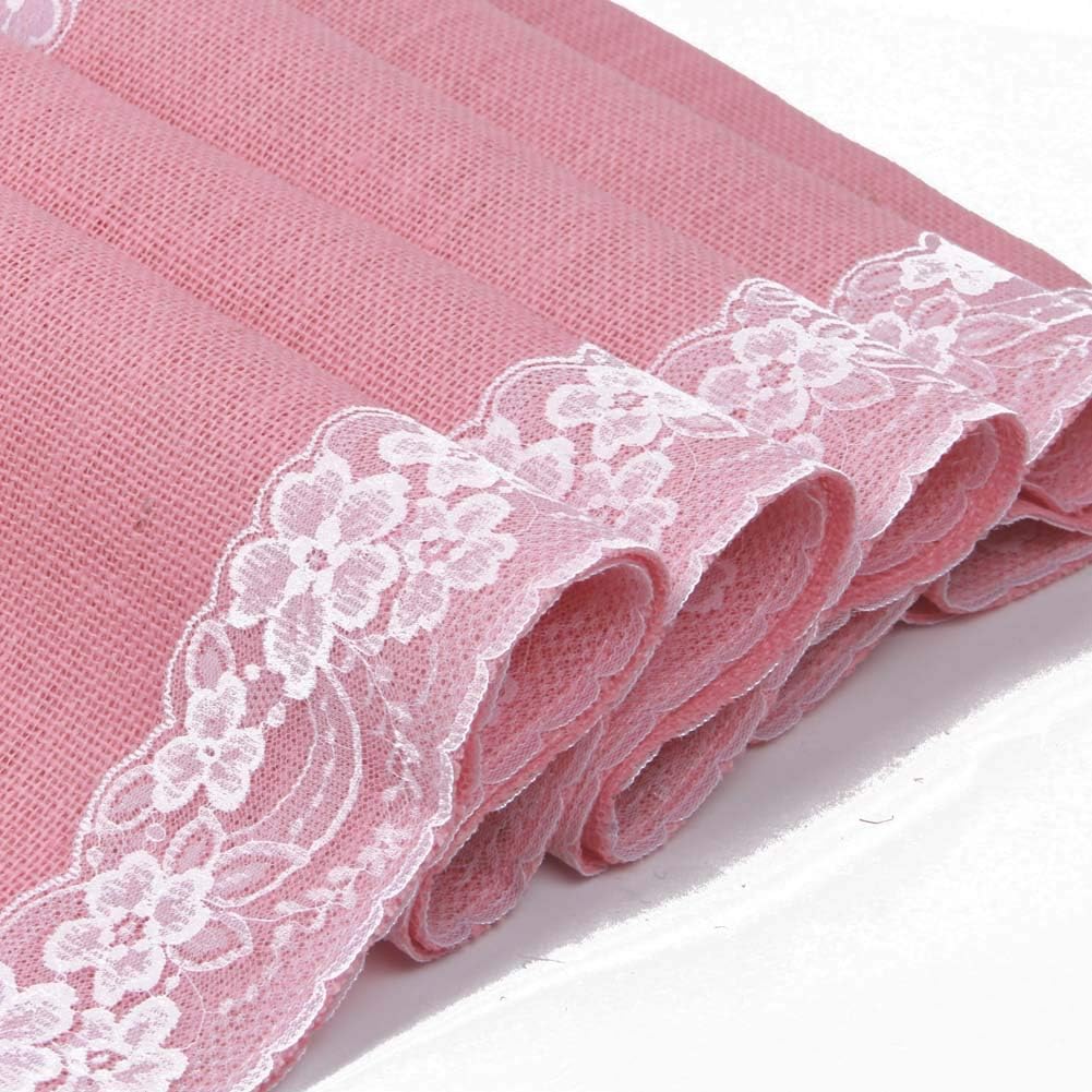 AAYU Pink Burlap Table Runner Placemat with Ivory Lace