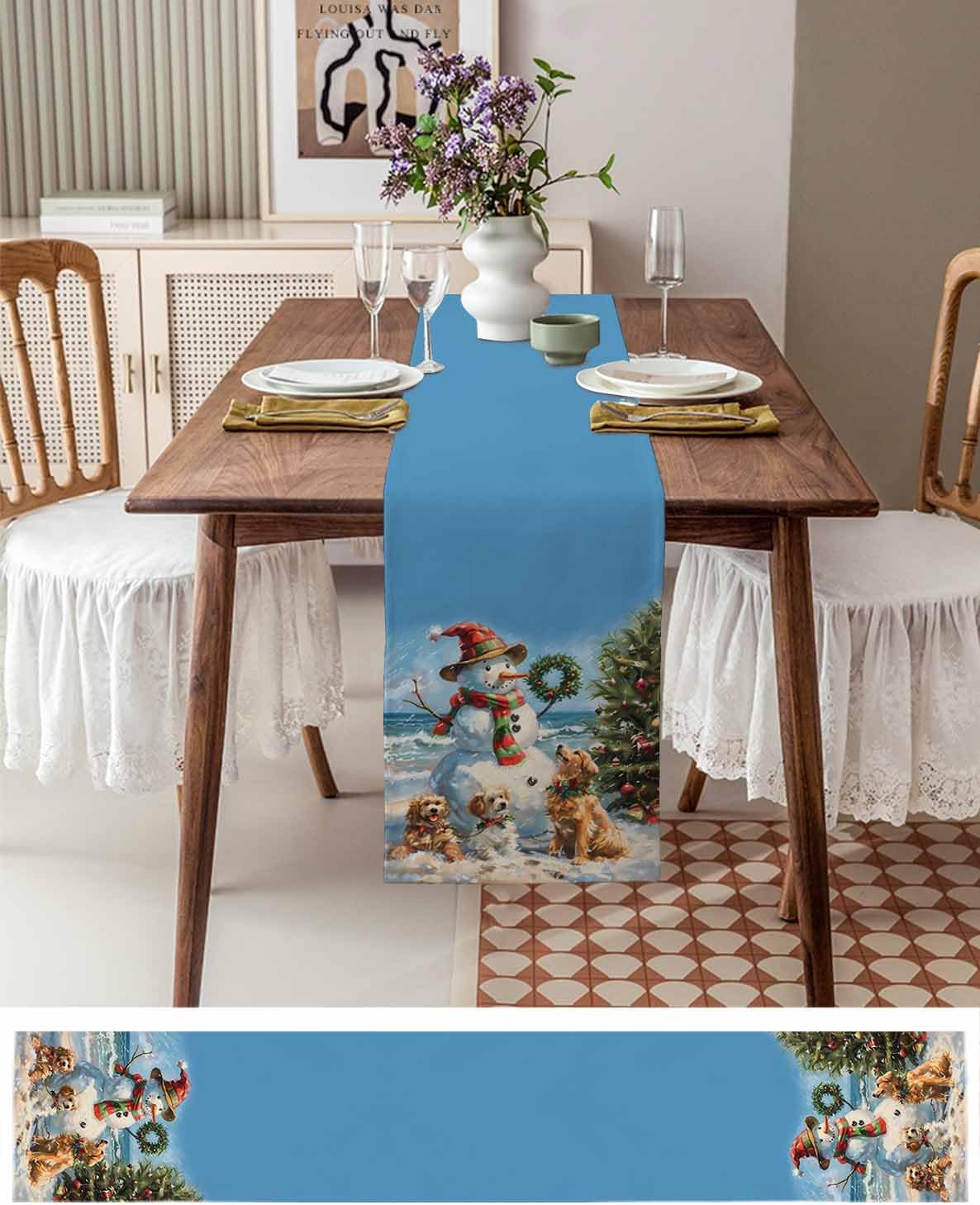 Winter Snowman Pet Dog Linen Table Runner 13x60In