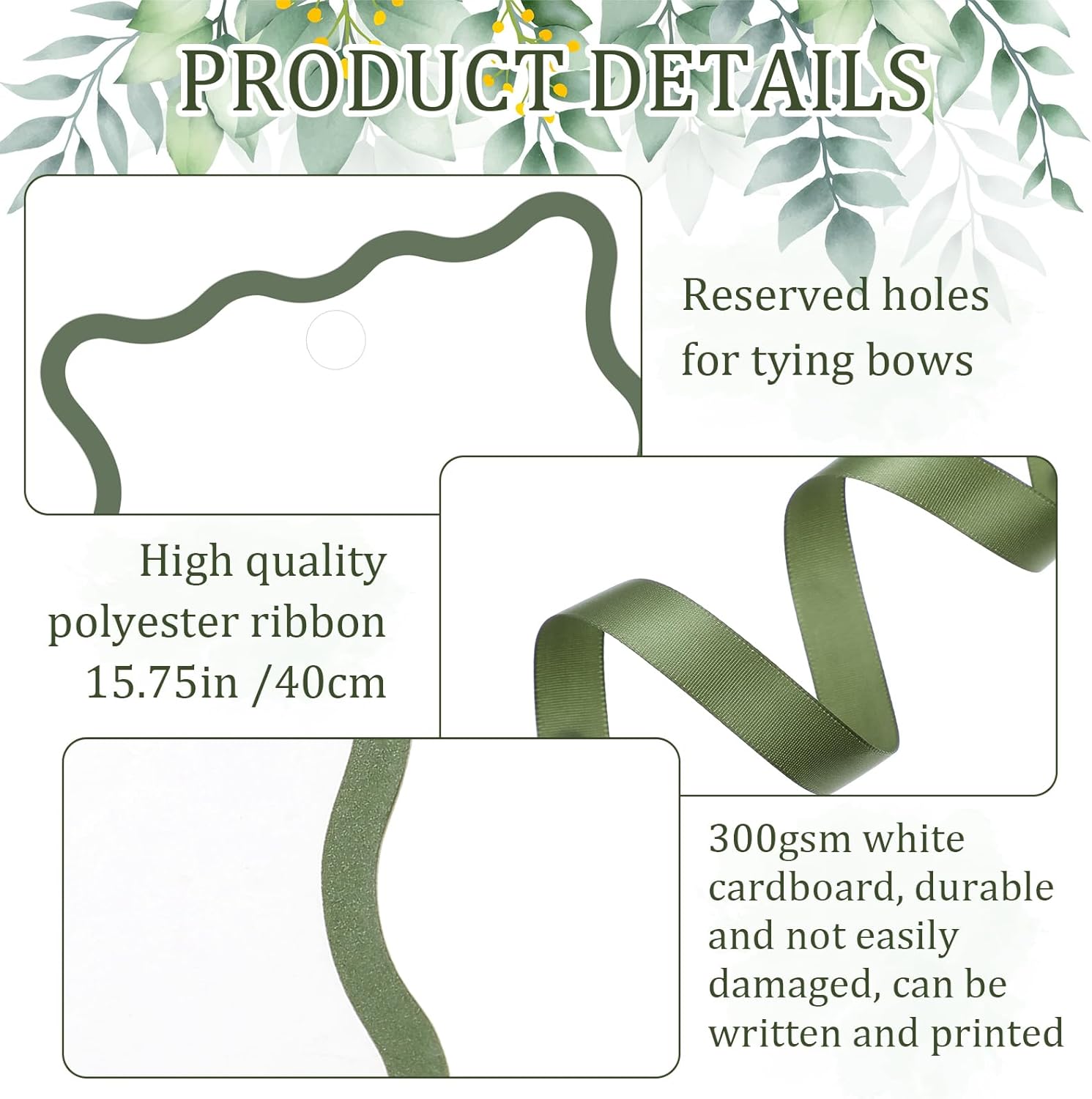 200 Pcs Scallop Name Place Cards with Ribbon Sage Green