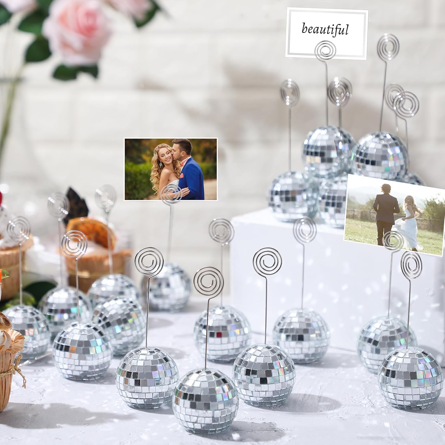 Uiifan 60 Pcs Silver Disco Ball Place Card Holders