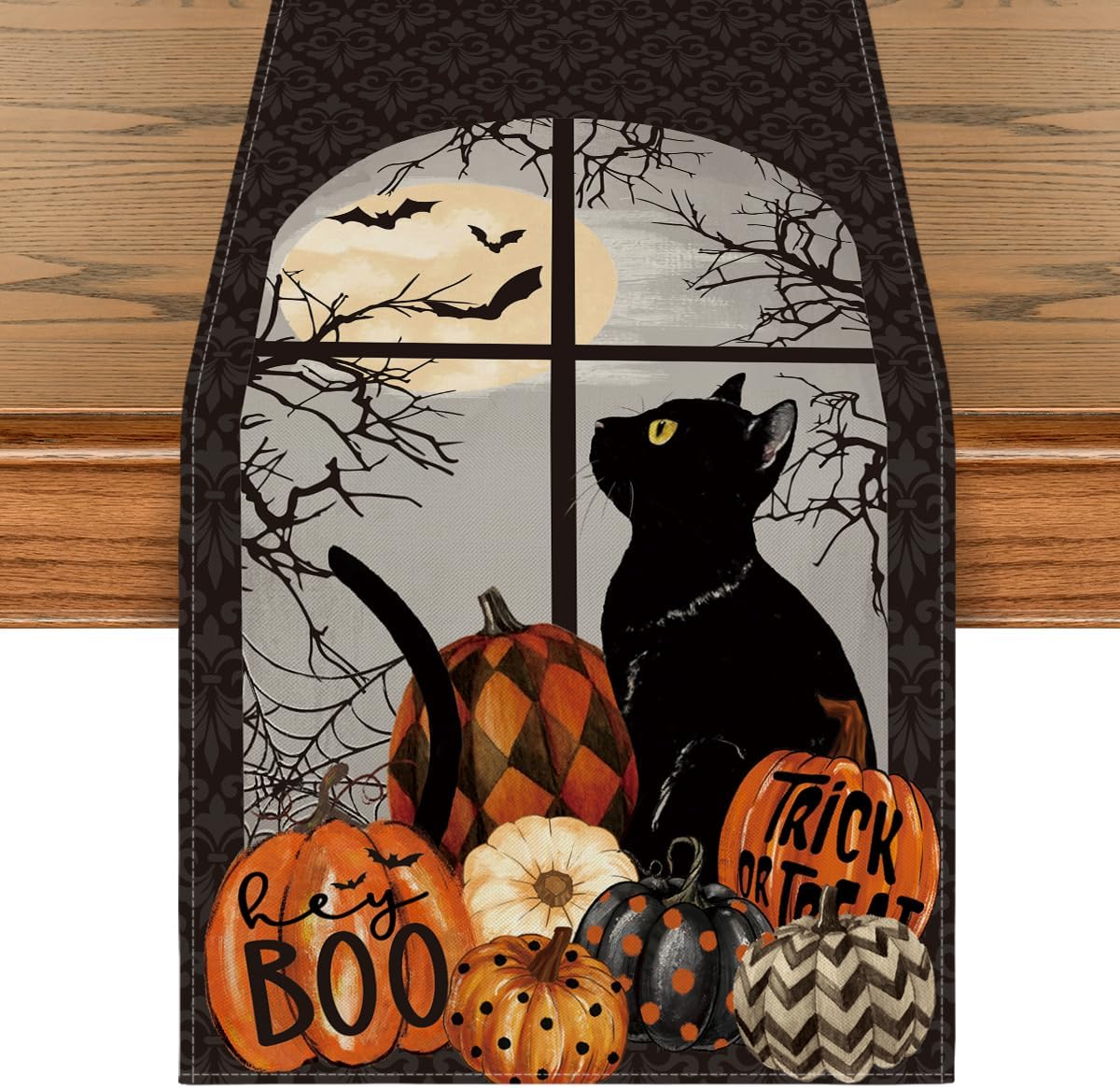 Artoid Mode Boo Black Cat Pumpkins Halloween Table Runner