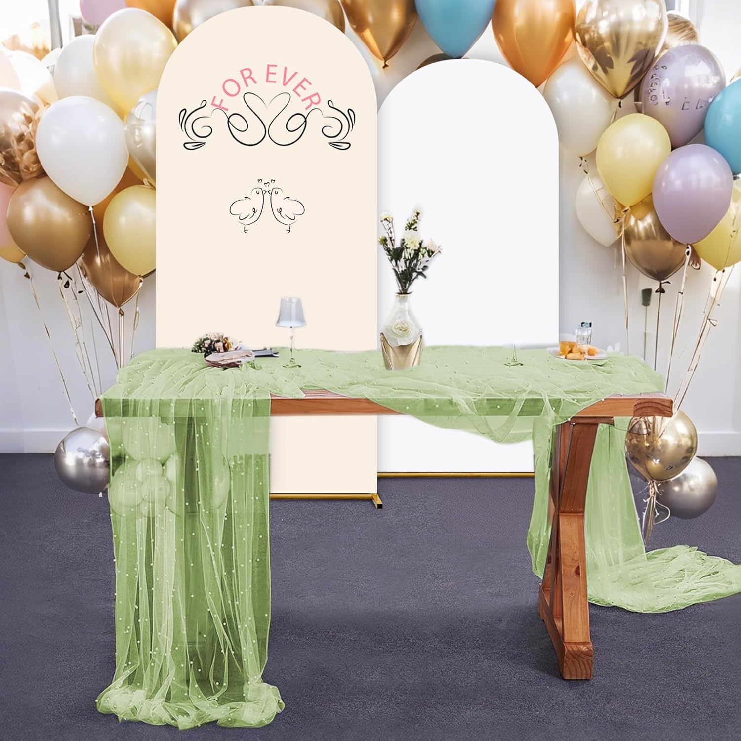 Set of 6 Pearl Table Runner 10ft Table Cloth Green