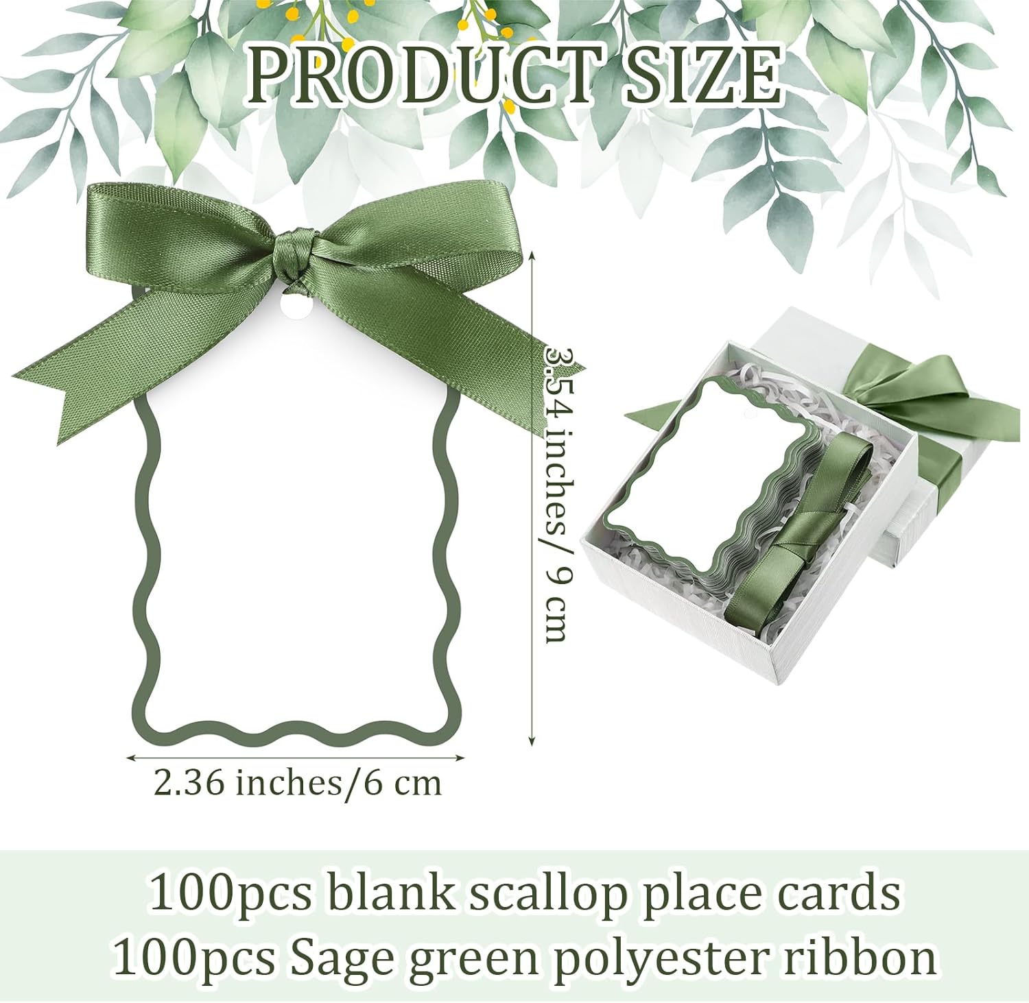 200 Pcs Scallop Name Place Cards with Ribbon Sage Green