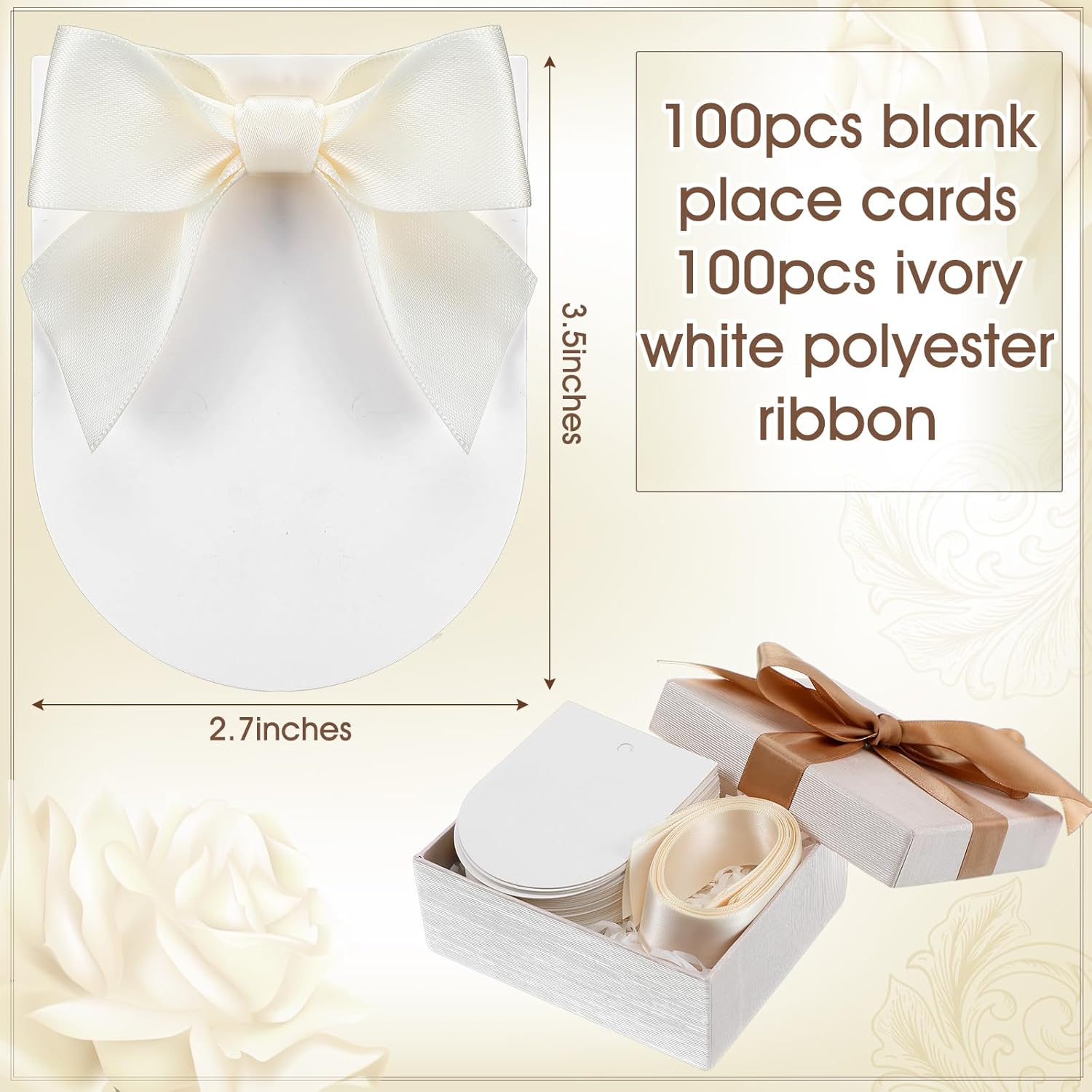 100 Pack Ivory White Wedding Place Cards with Bow Ribbon Arch Design