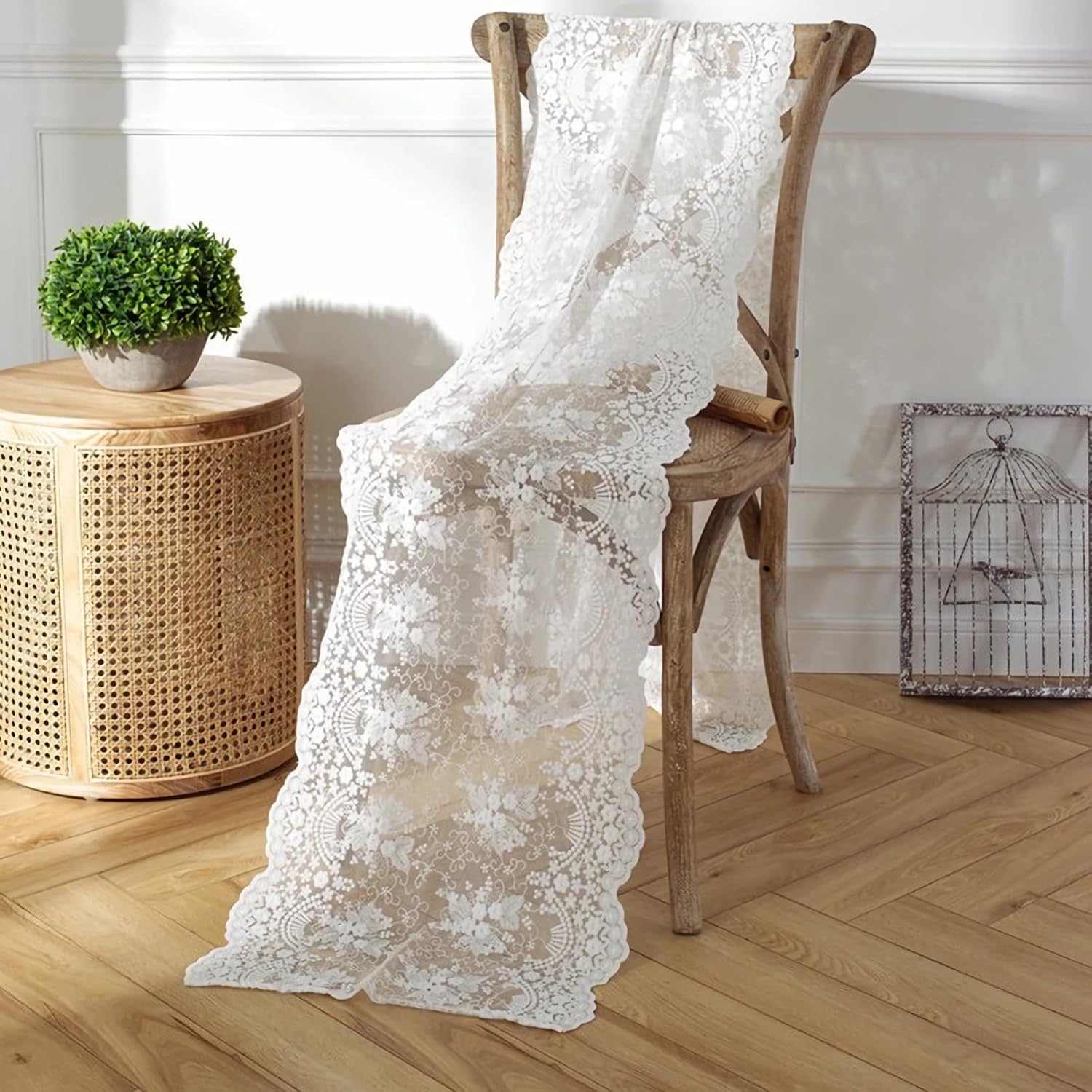 White Lace Table Runner 16x48 Inches Floral Embroidered