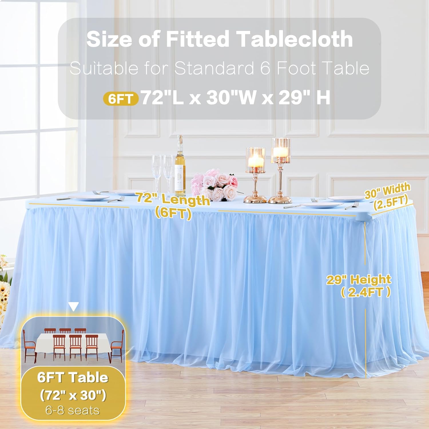 Tao-Ge Baby Blue Tulle Tablecloth for 6ft Rectangle Tables