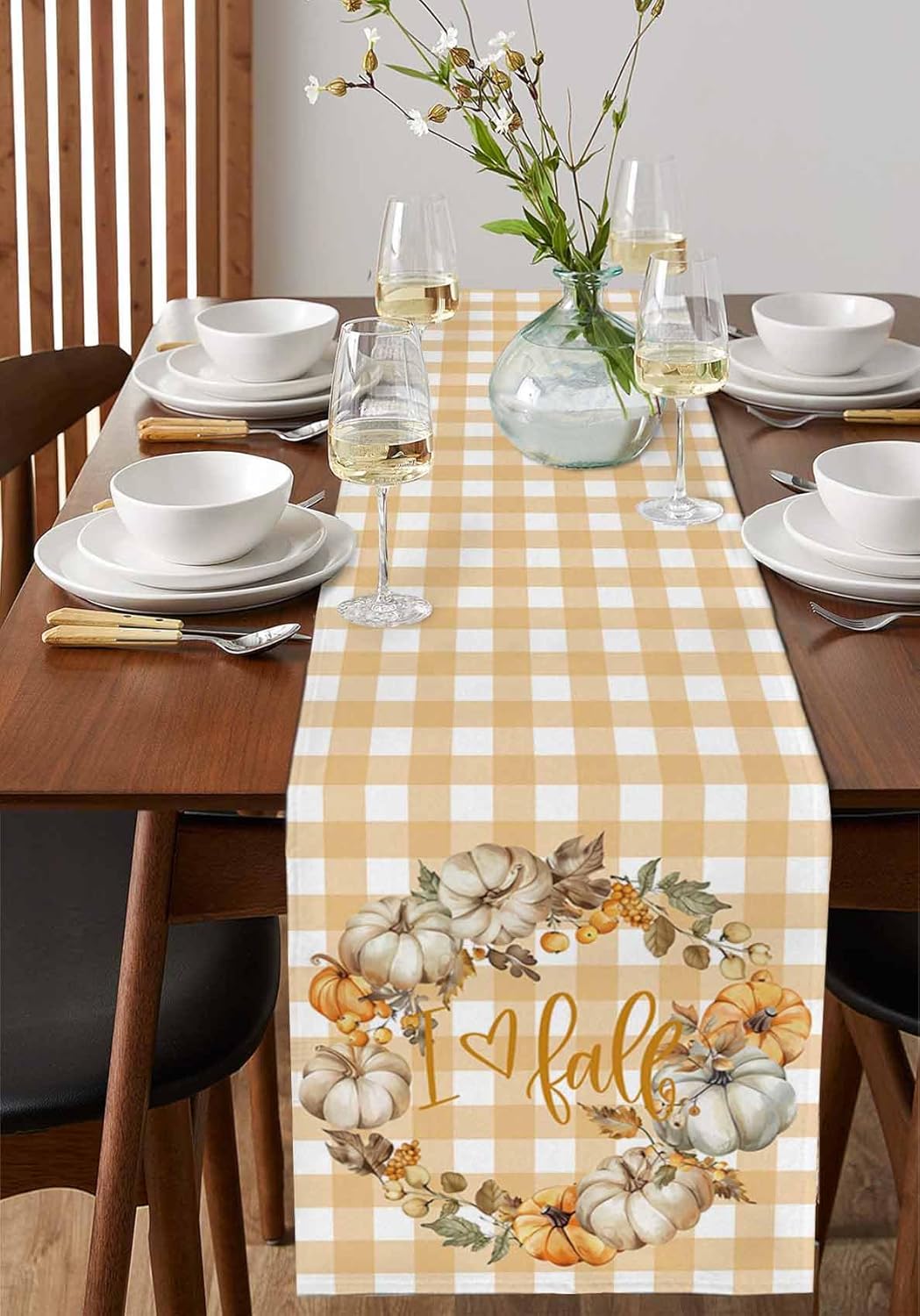 Thanksgiving Fall Pumpkin Berry Garland Table Runner 60 Inch Linen Cotton