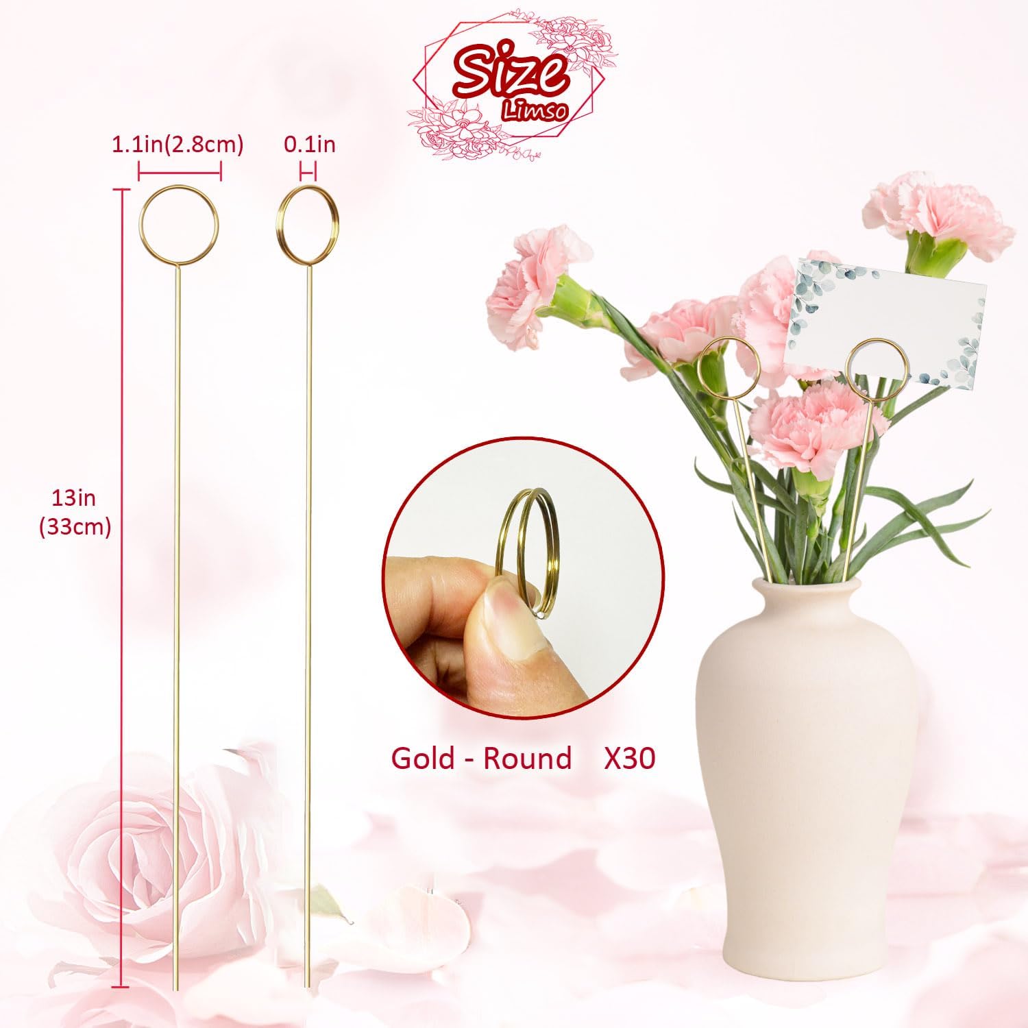 Limso 30 Pcs Gold Round Metal Wire Place Card Holder