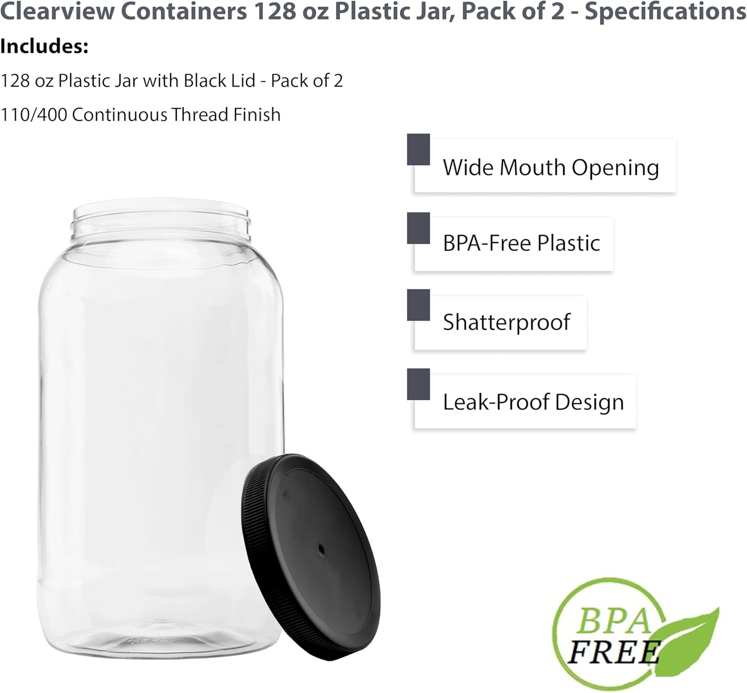 Plastic Storage Jars with Leak Proof Lids 128oz 2PK Black