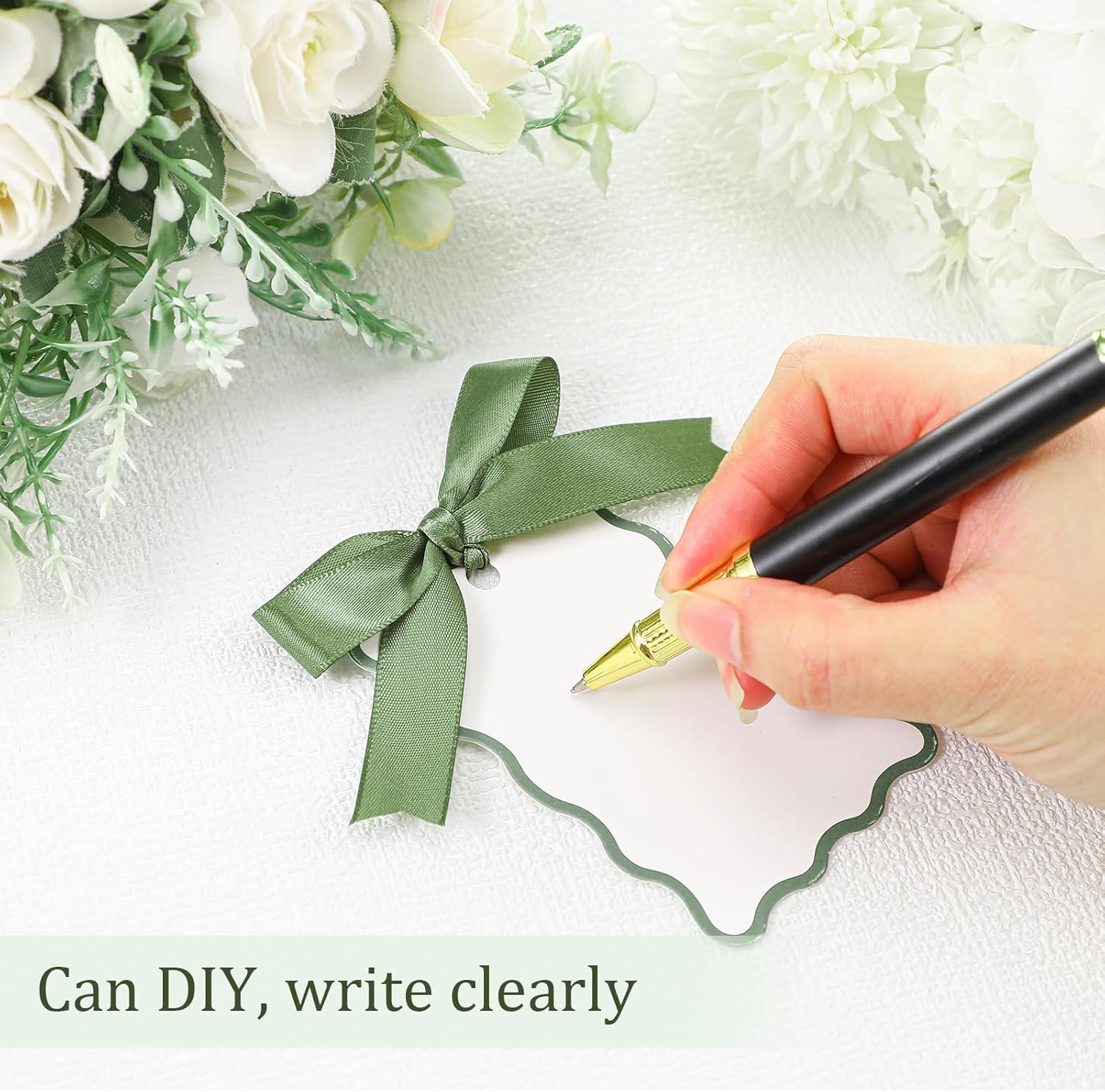 200 Pcs Scallop Name Place Cards with Ribbon Sage Green