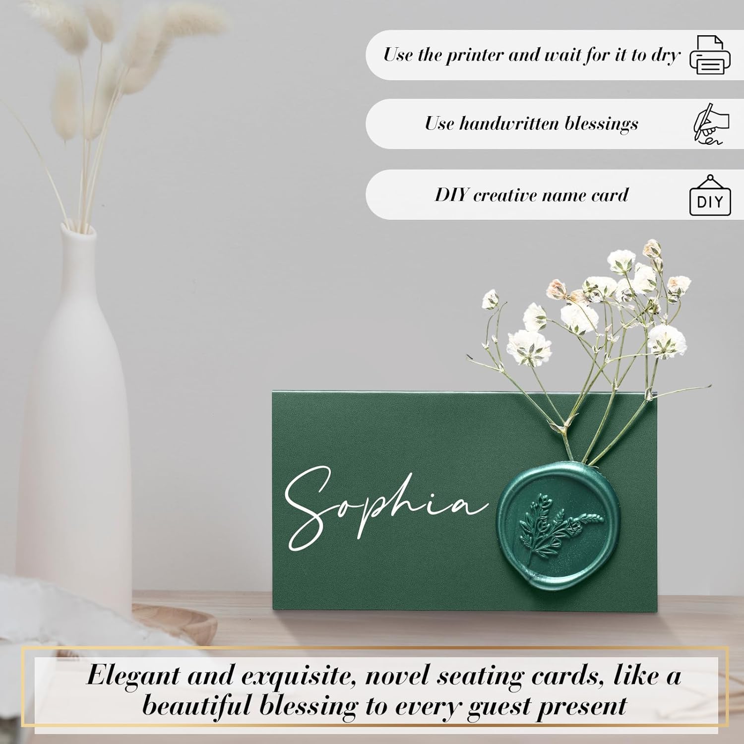 50 Pack Forest Green Wax Seal Place Cards with Babys Breath Flowers