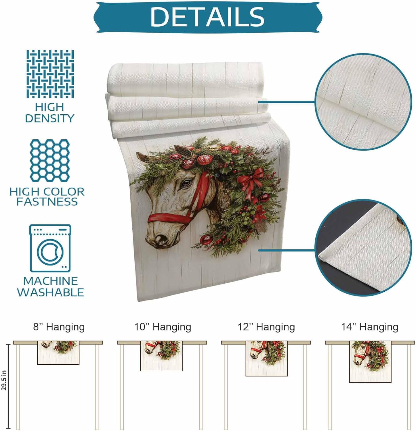 Merry Christmas Horse Garland Linen Table Runner